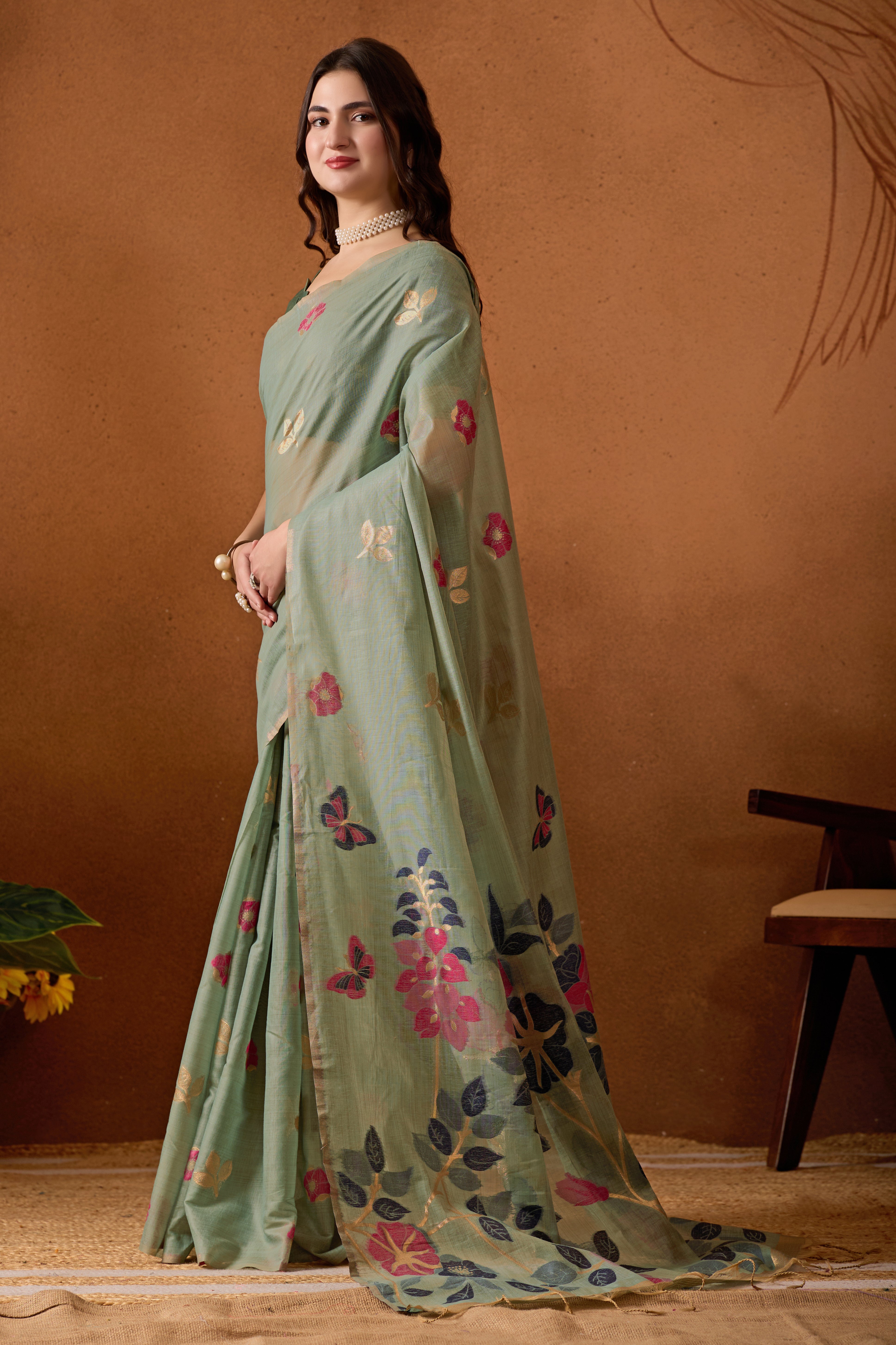 Muga Cotton Floral Butterfly Saree in Green