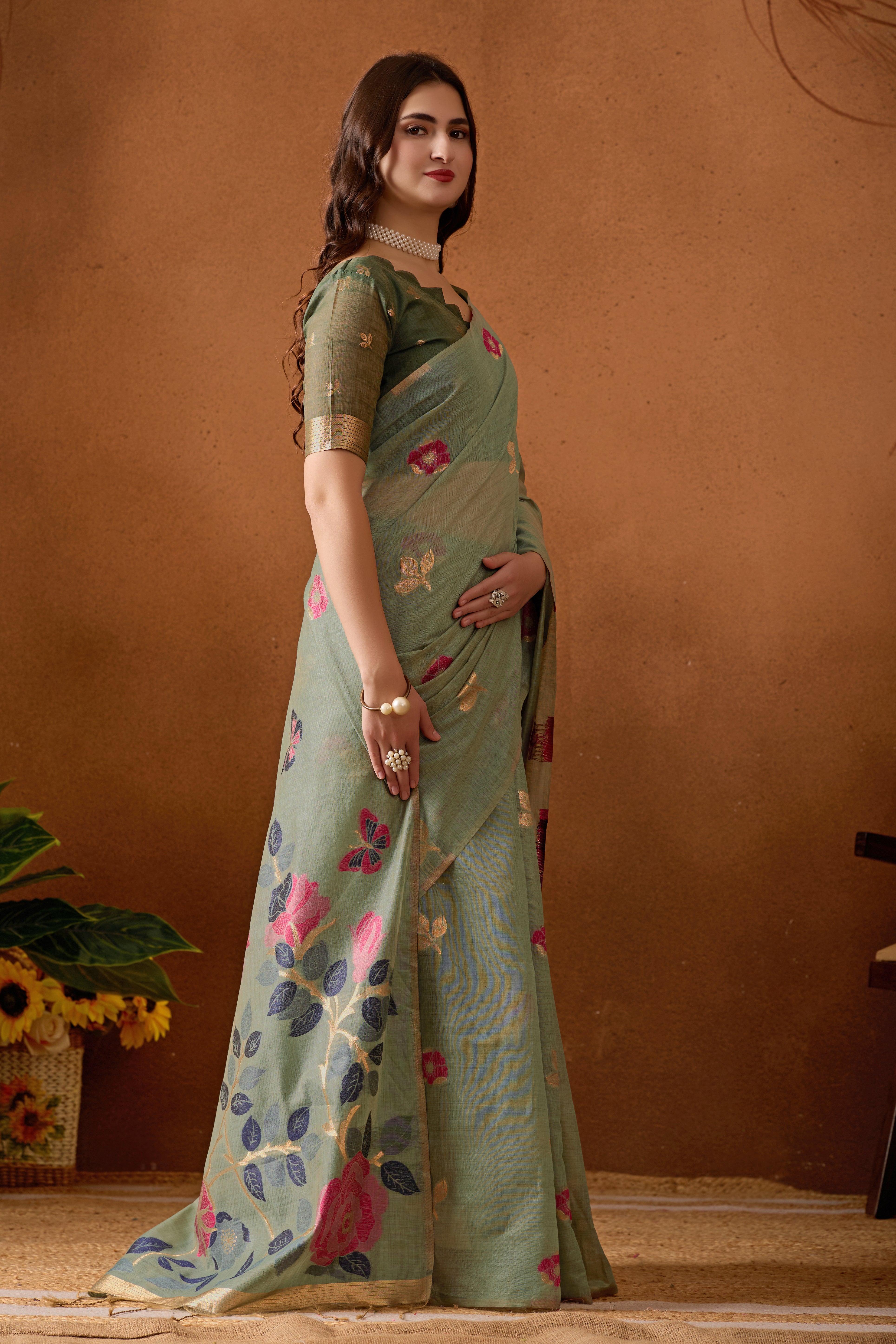 Muga Cotton Floral Butterfly Saree in Green