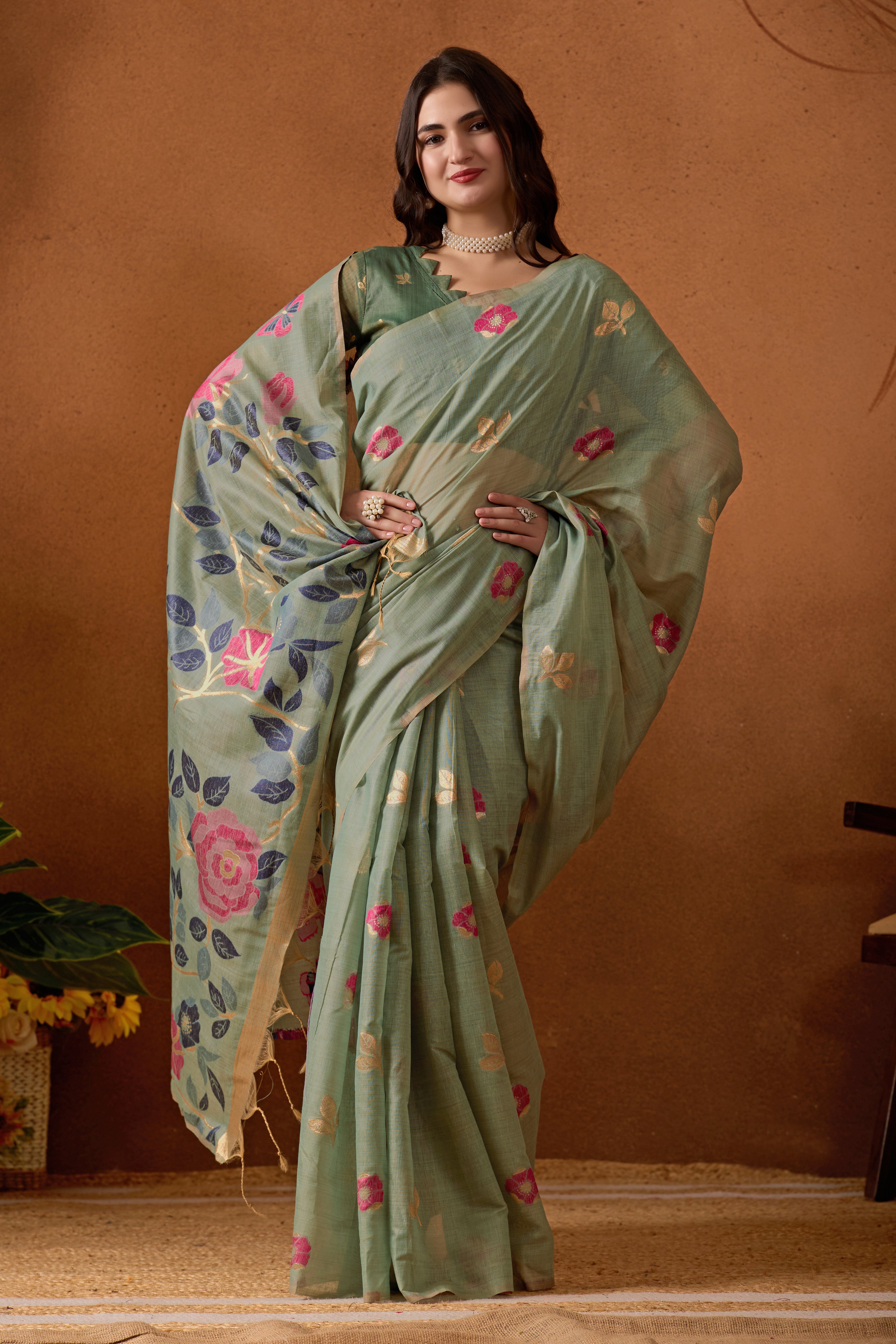 Muga Cotton Floral Butterfly Saree in Green