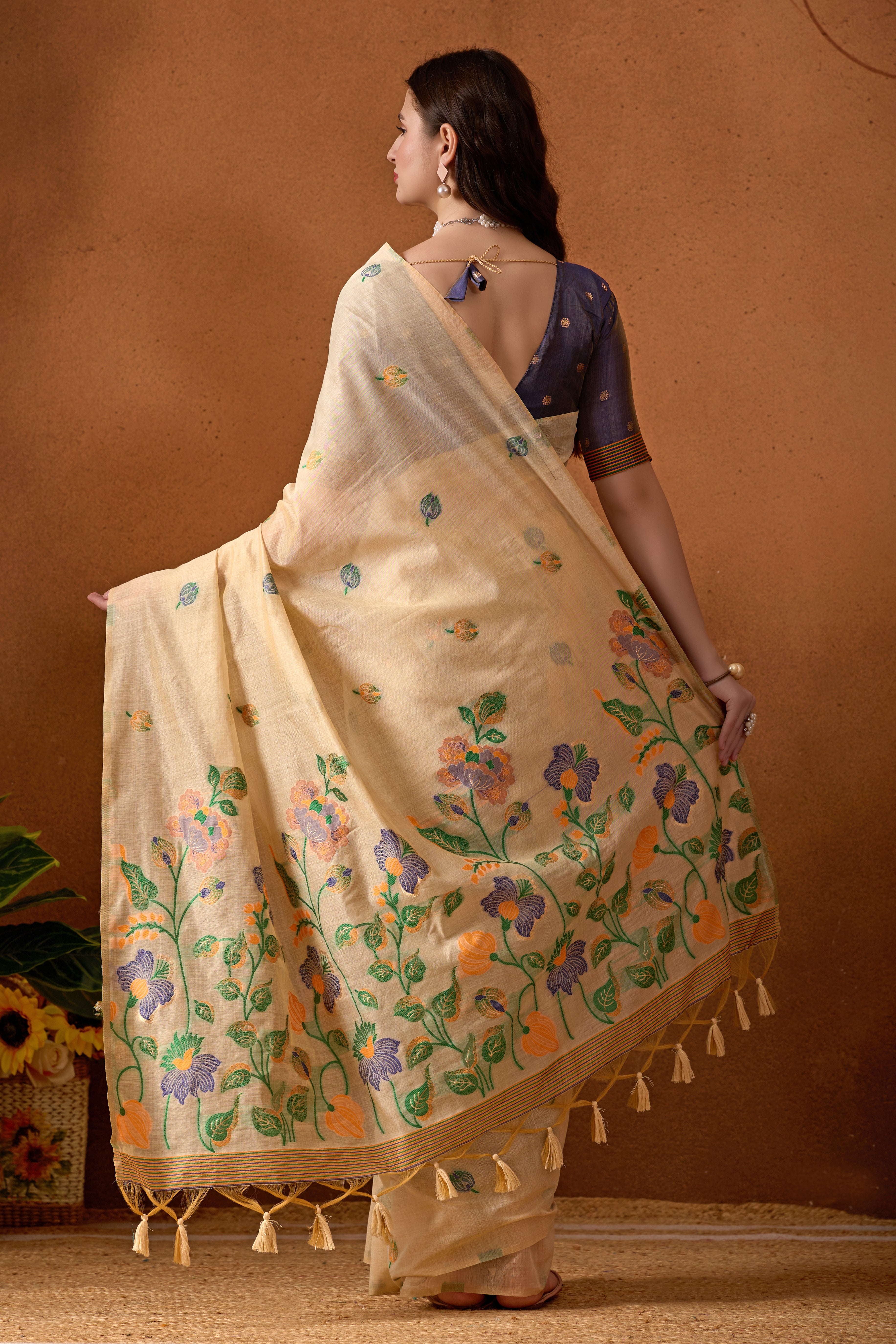 Muga Cotton Embroidered Floral Saree in Cream