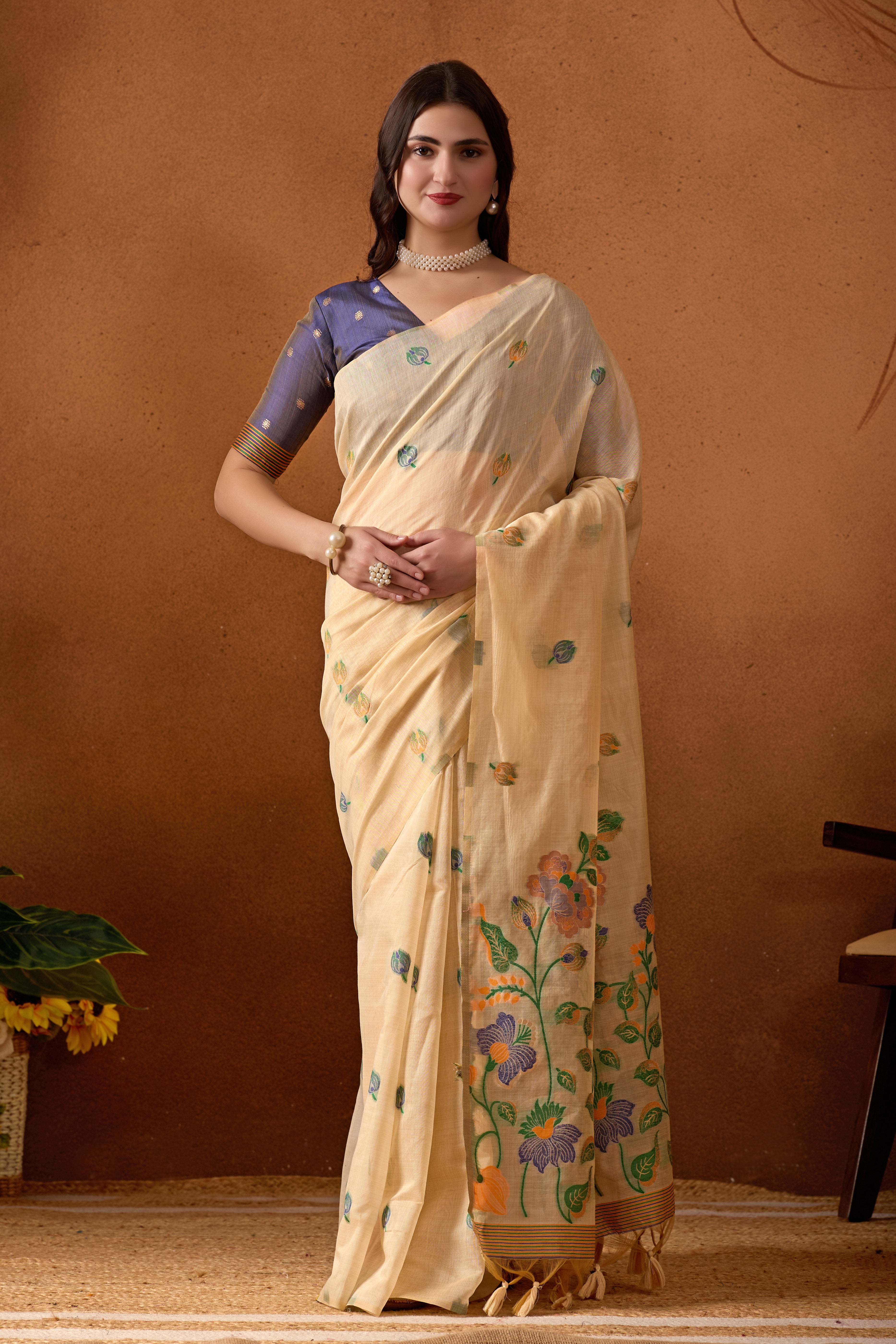 Muga Cotton Embroidered Floral Saree in Cream