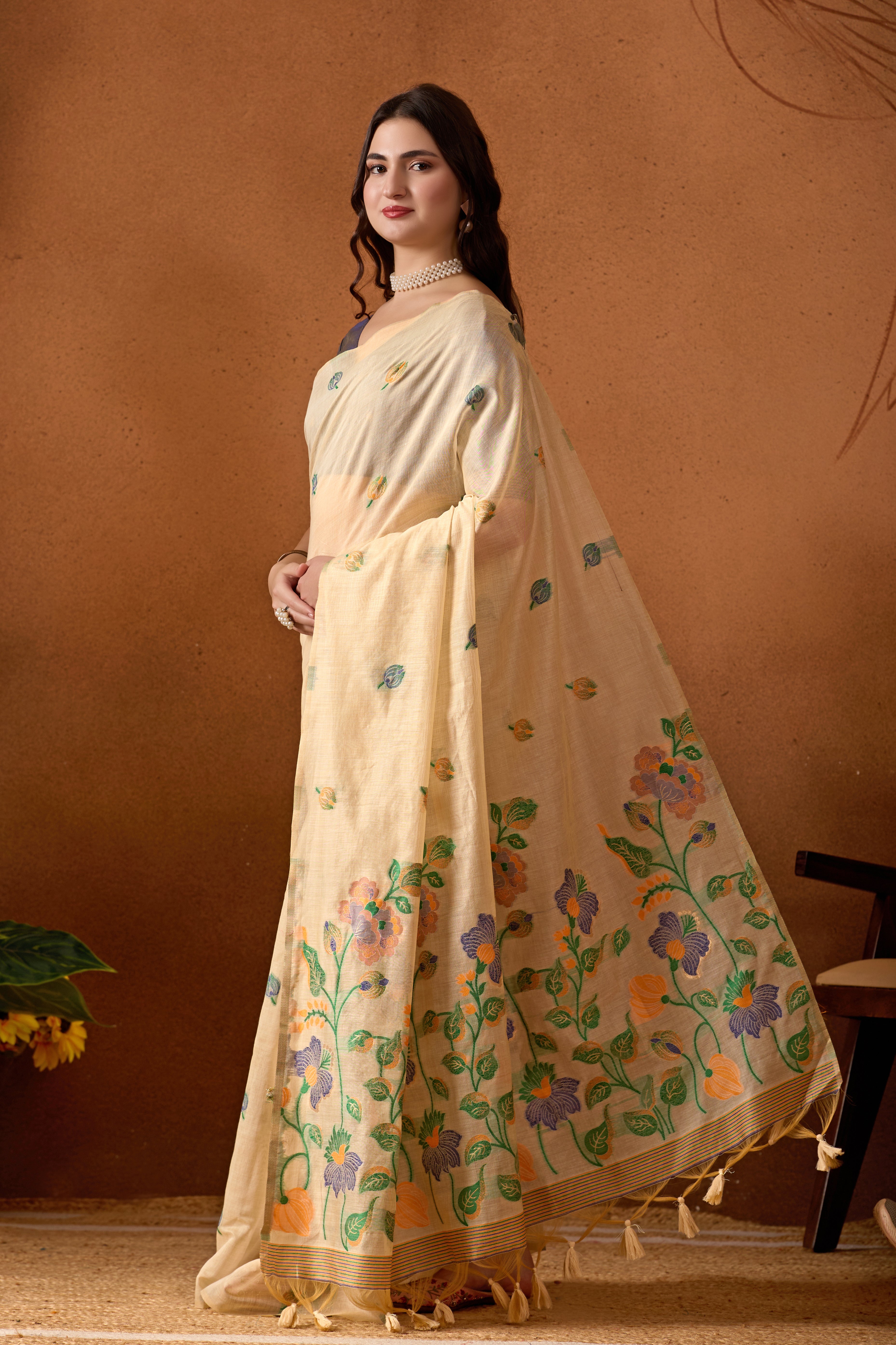 Muga Cotton Embroidered Floral Saree in Cream