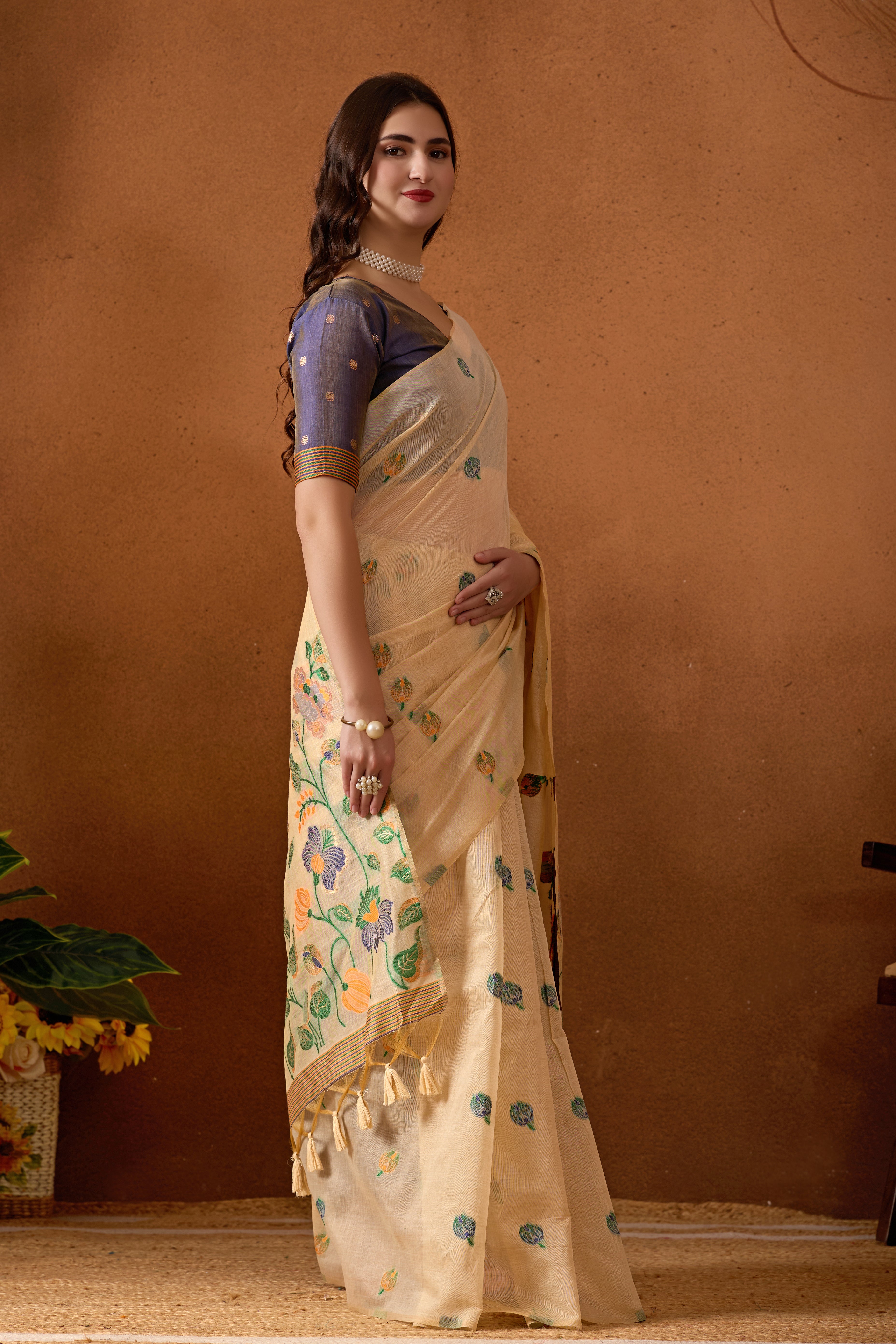 Muga Cotton Embroidered Floral Saree in Cream