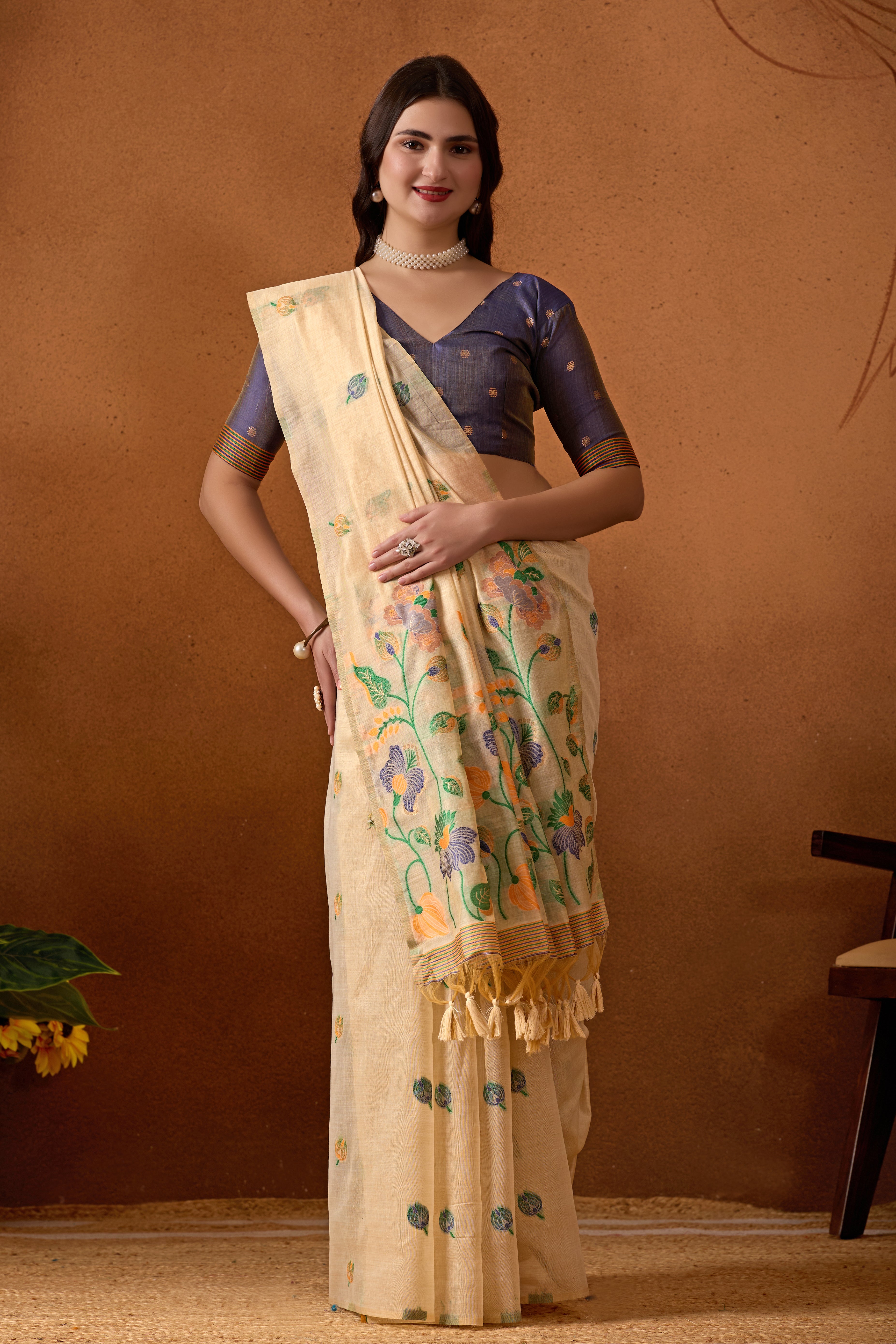 Muga Cotton Embroidered Floral Saree in Cream