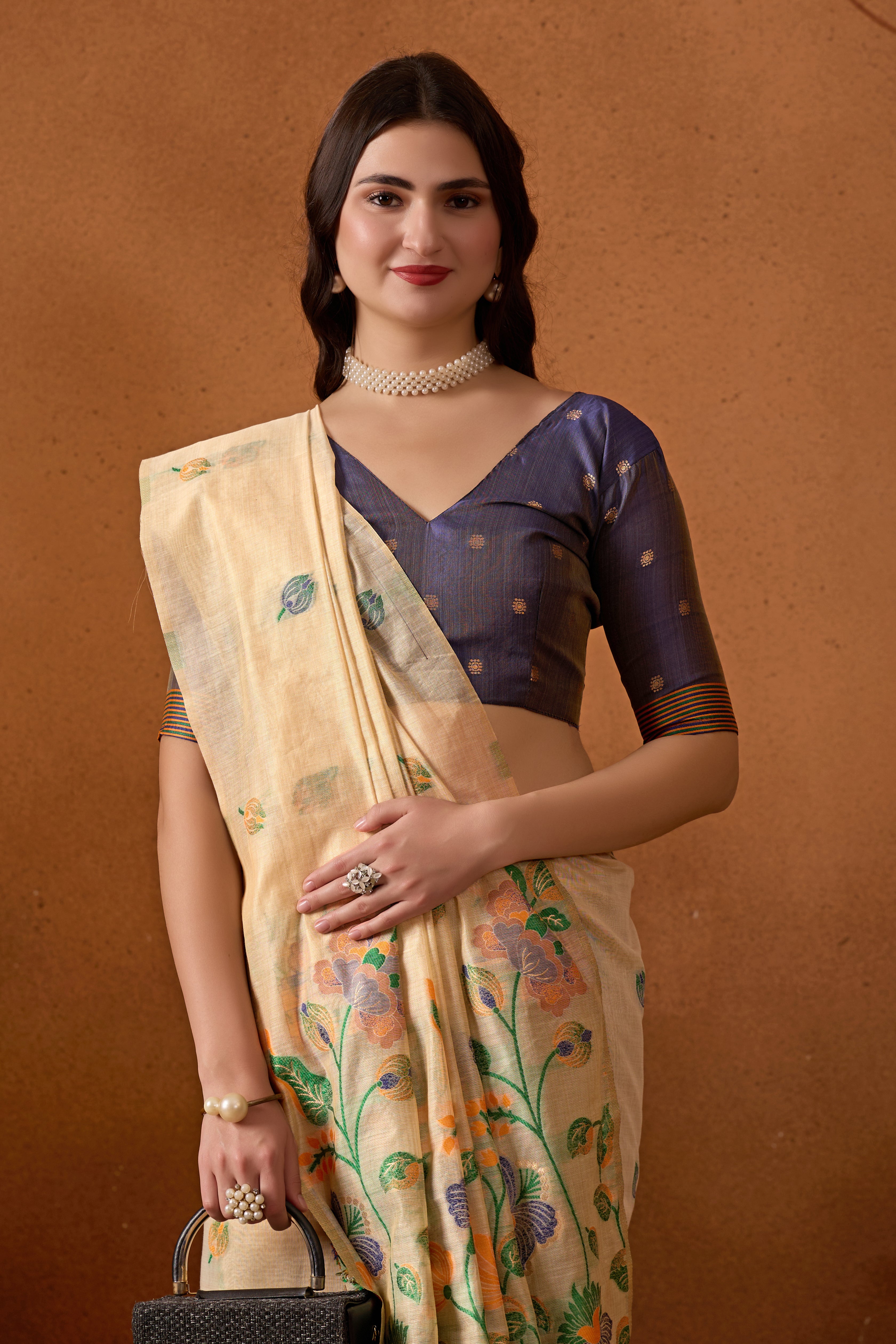 Muga Cotton Embroidered Floral Saree in Cream