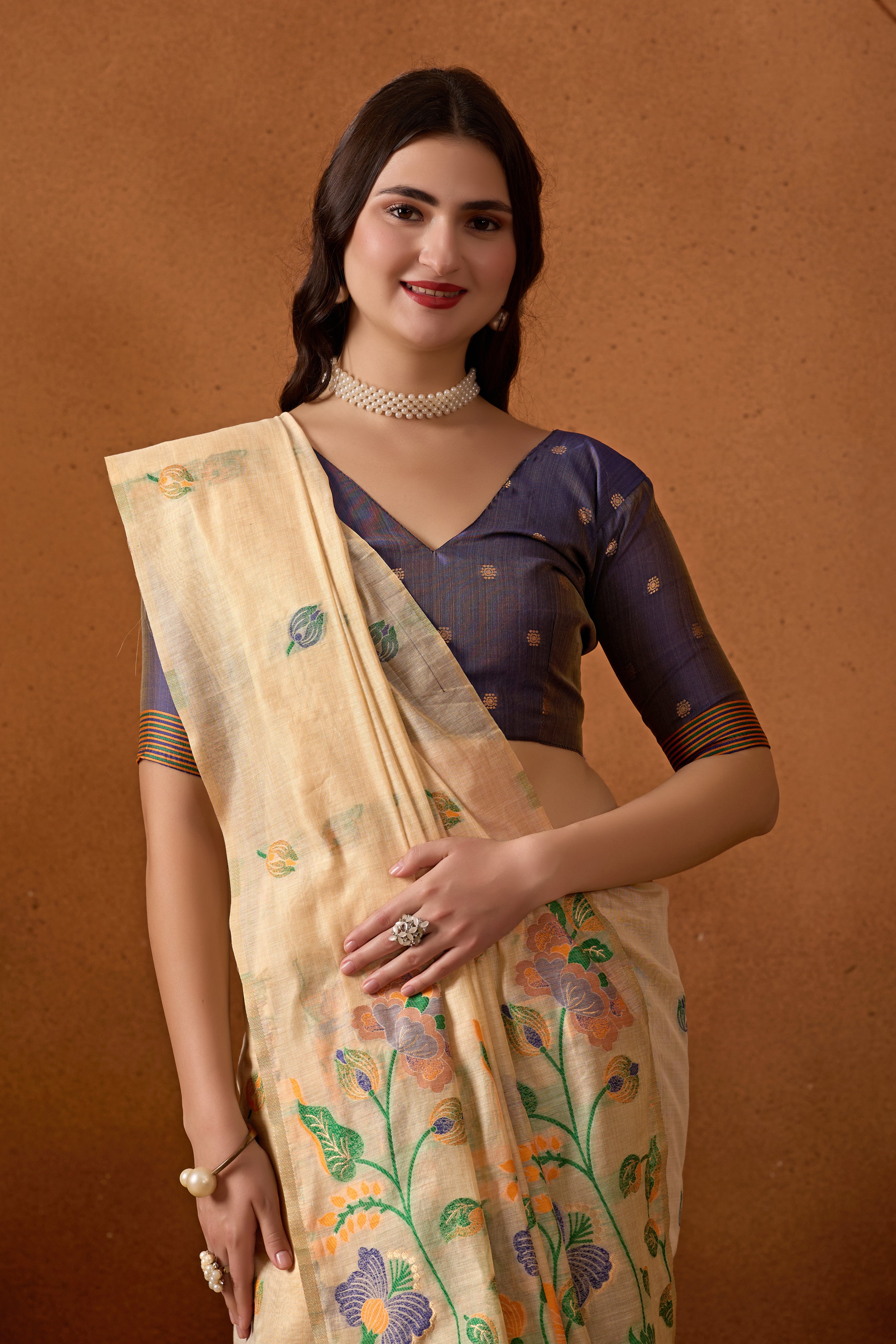 Muga Cotton Embroidered Floral Saree in Cream