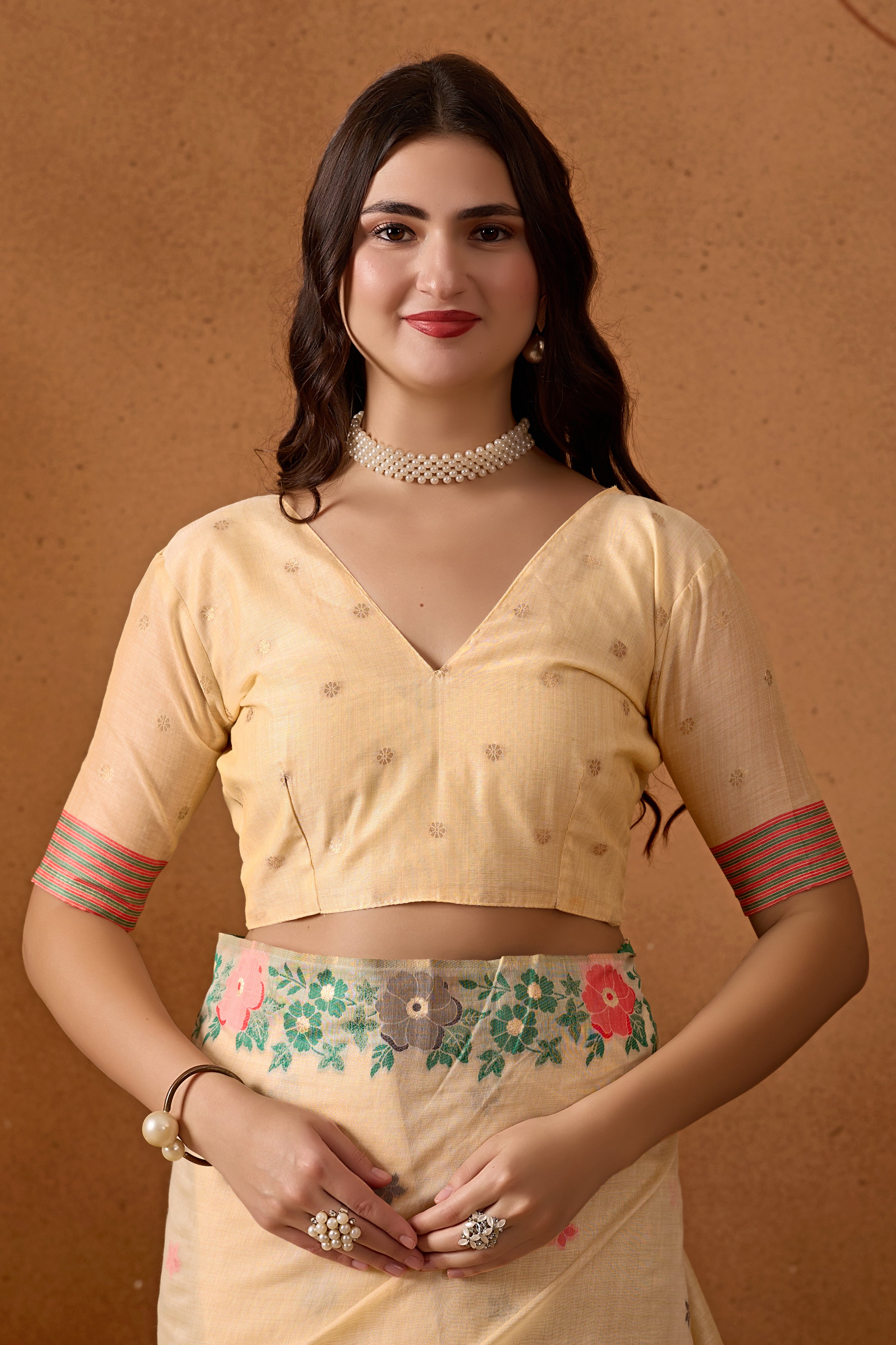 Floral Grace Pure Cotton Silk Saree in Cream