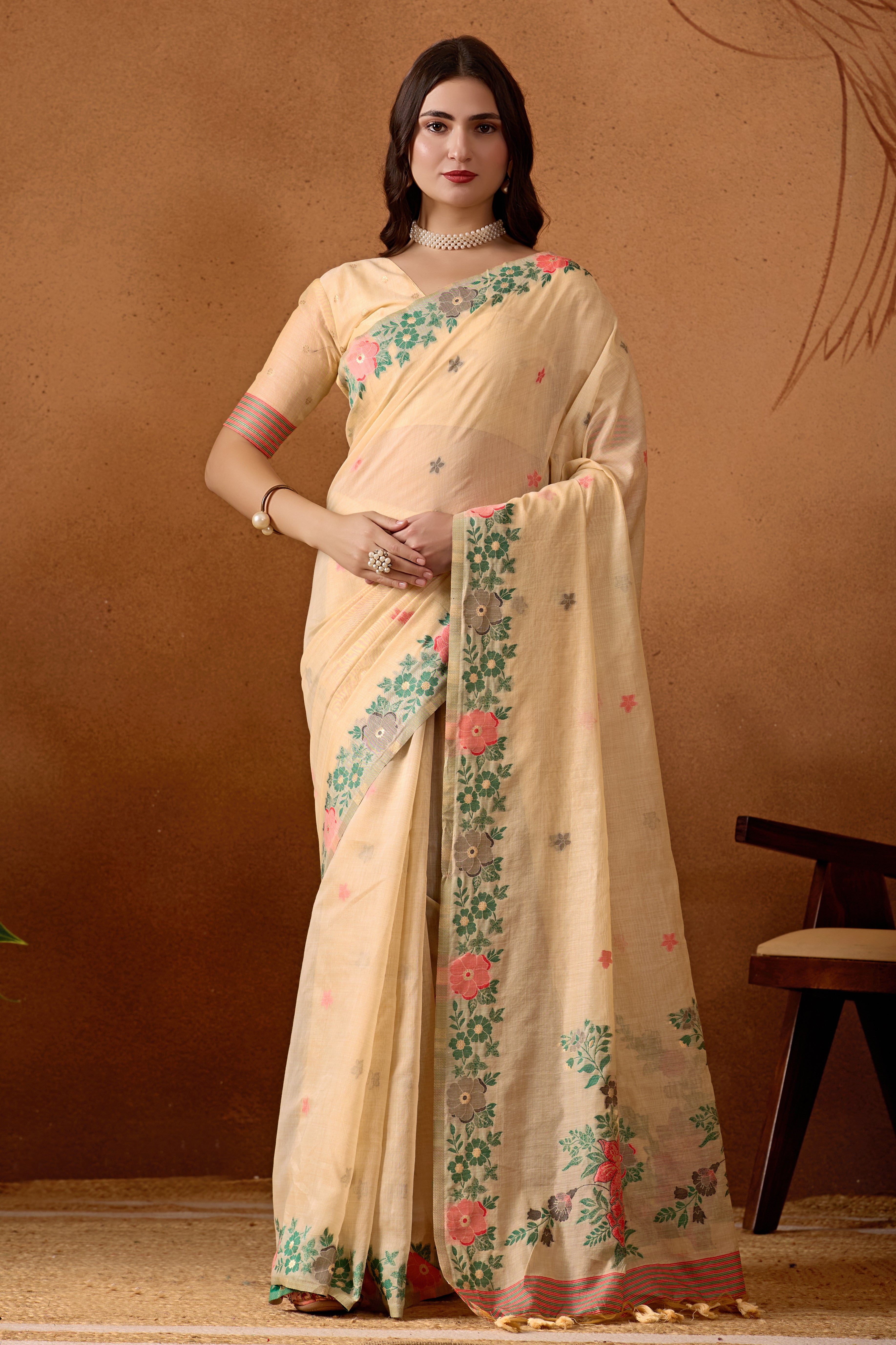 Floral Grace Pure Cotton Silk Saree in Cream