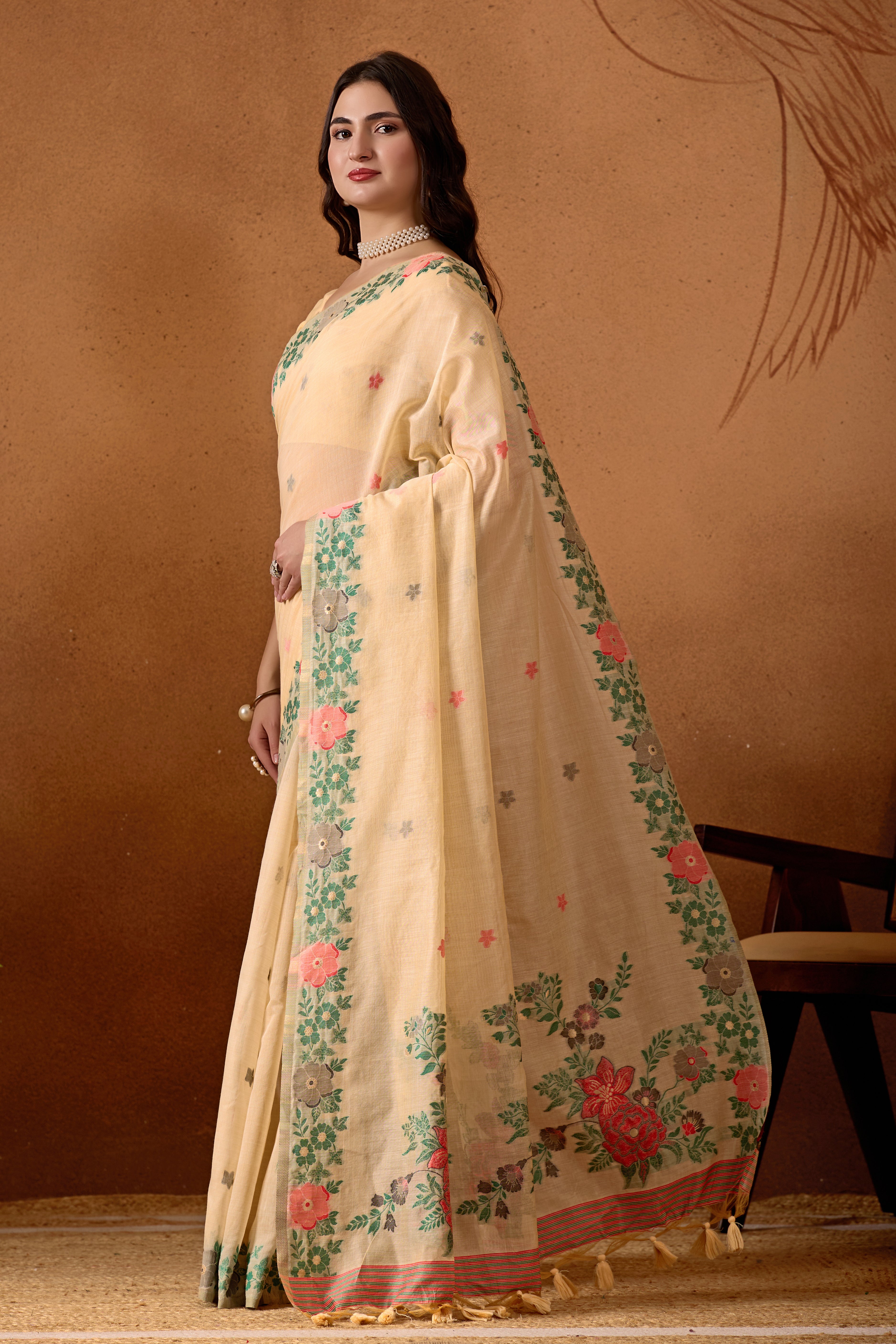 Floral Grace Pure Cotton Silk Saree in Cream