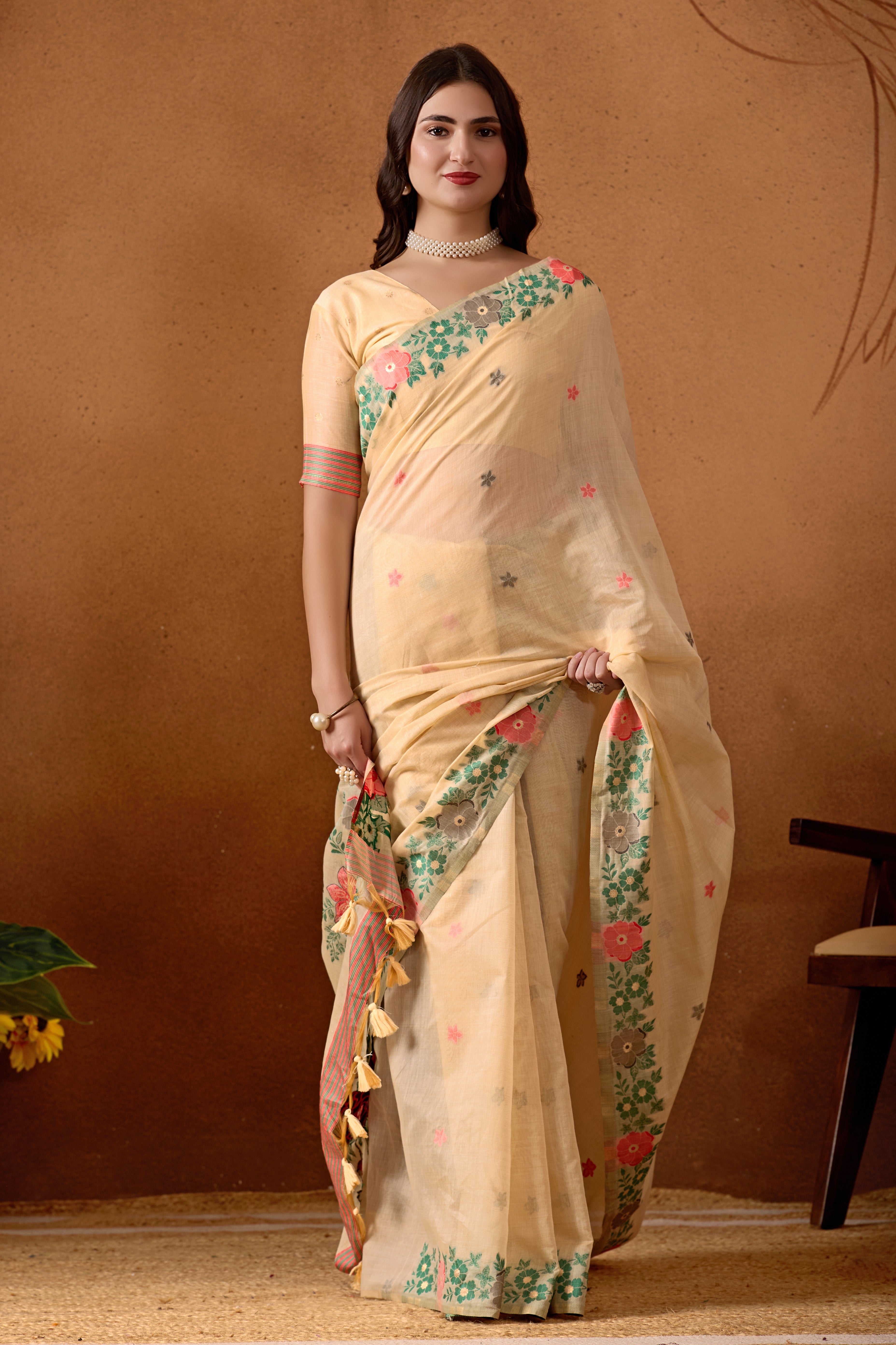 Floral Grace Pure Cotton Silk Saree in Cream