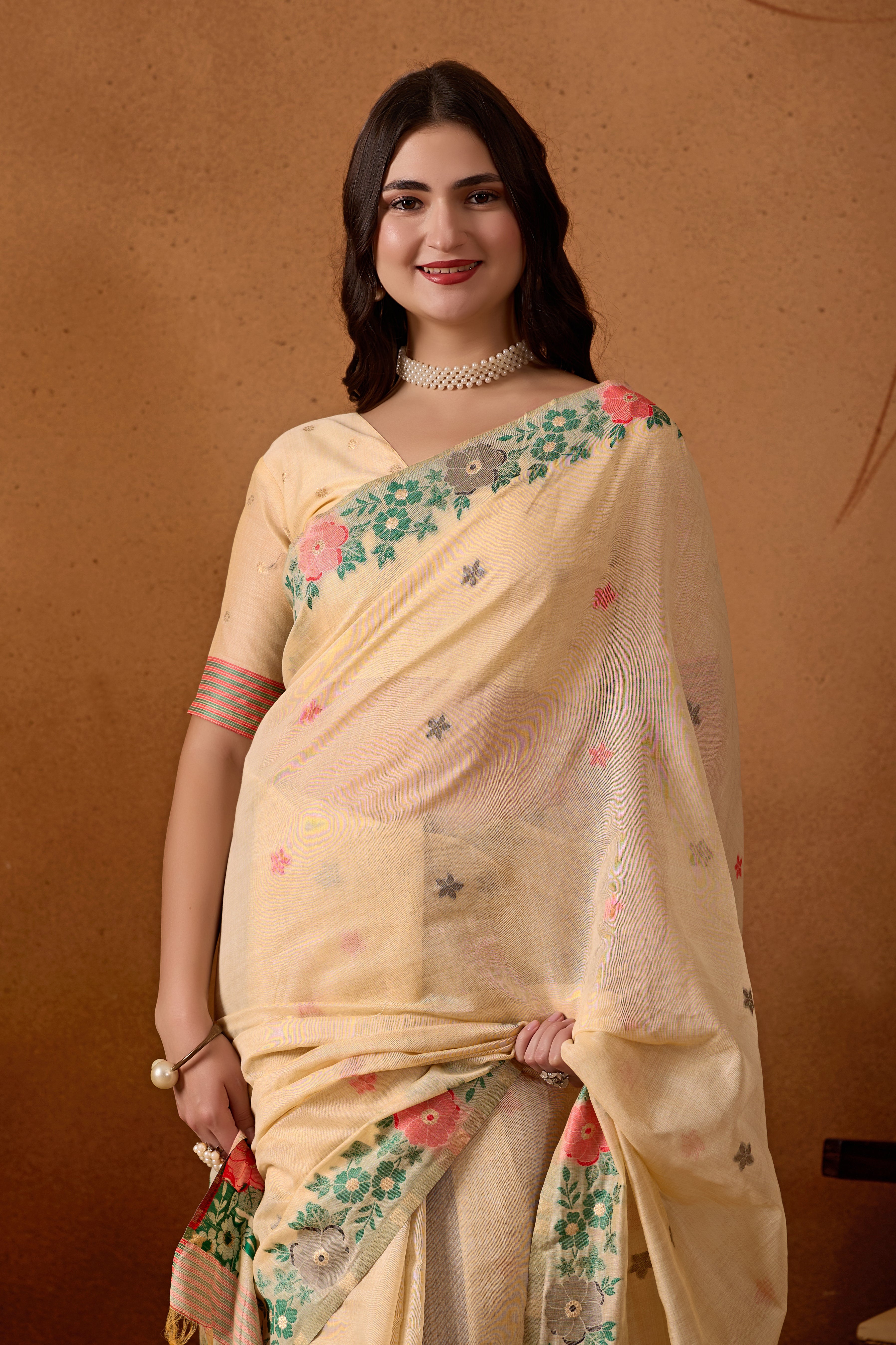 Floral Grace Pure Cotton Silk Saree in Cream