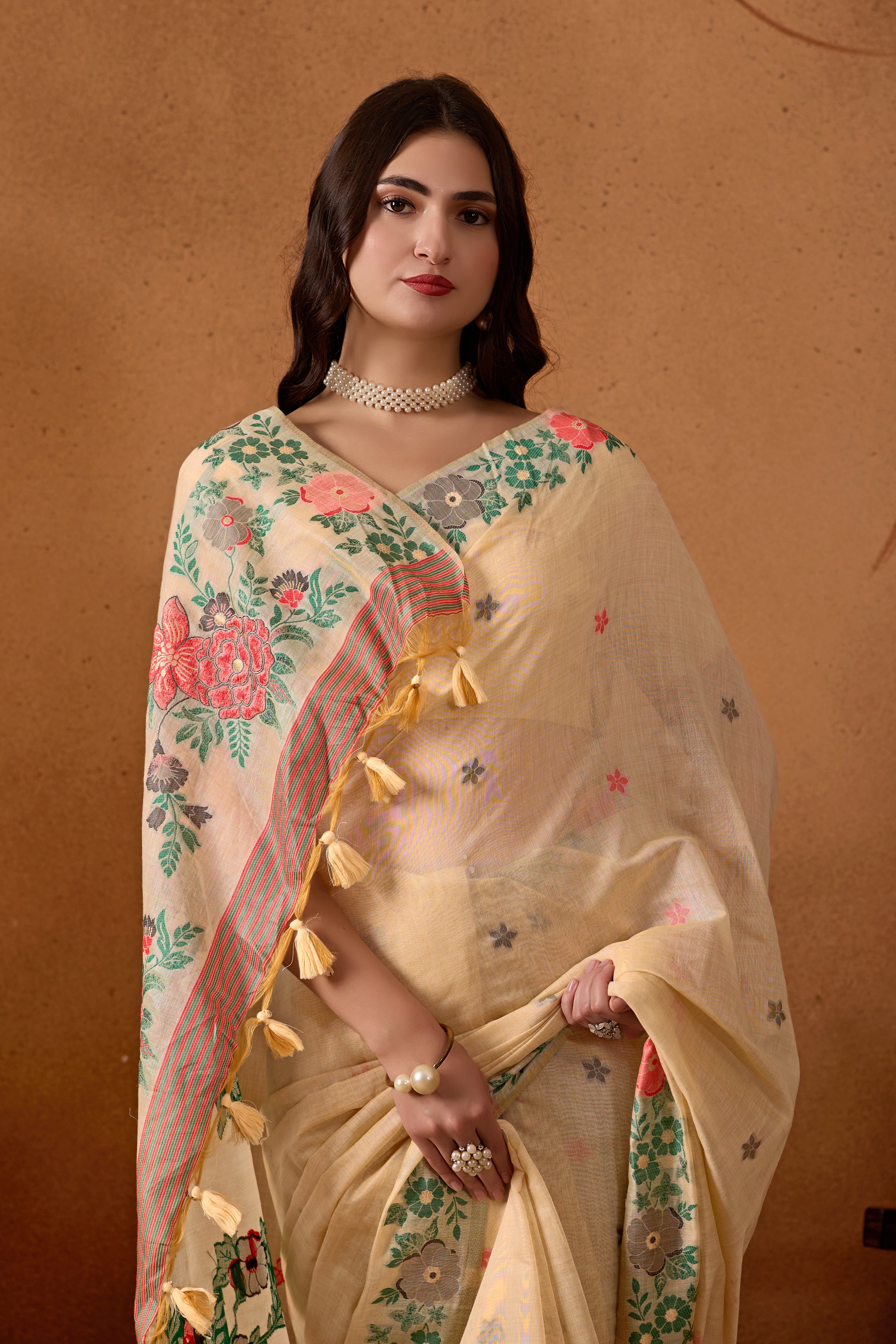 Floral Grace Pure Cotton Silk Saree in Cream
