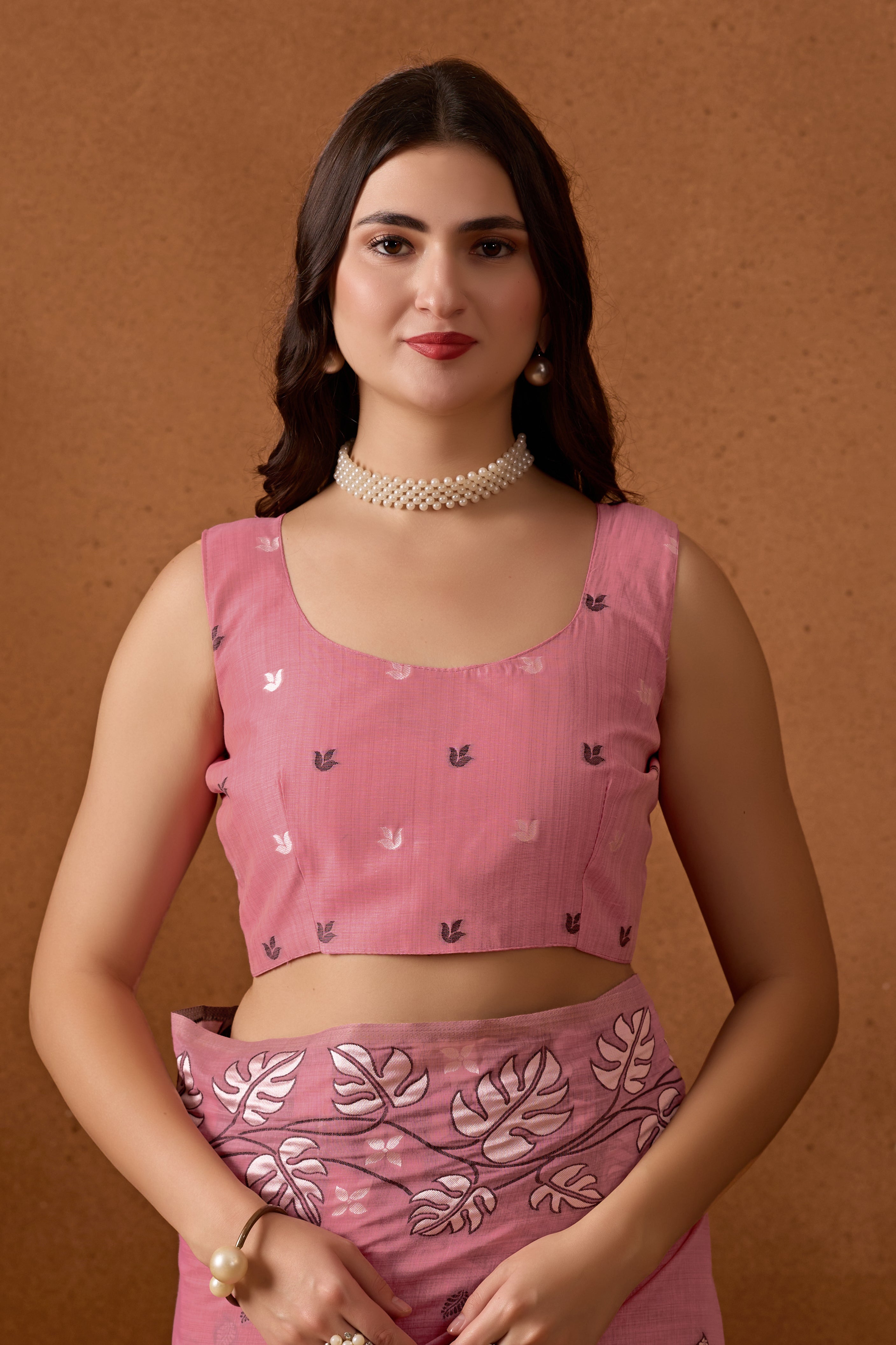 Leaf Harmony Chanderi Cotton Saree in Pink