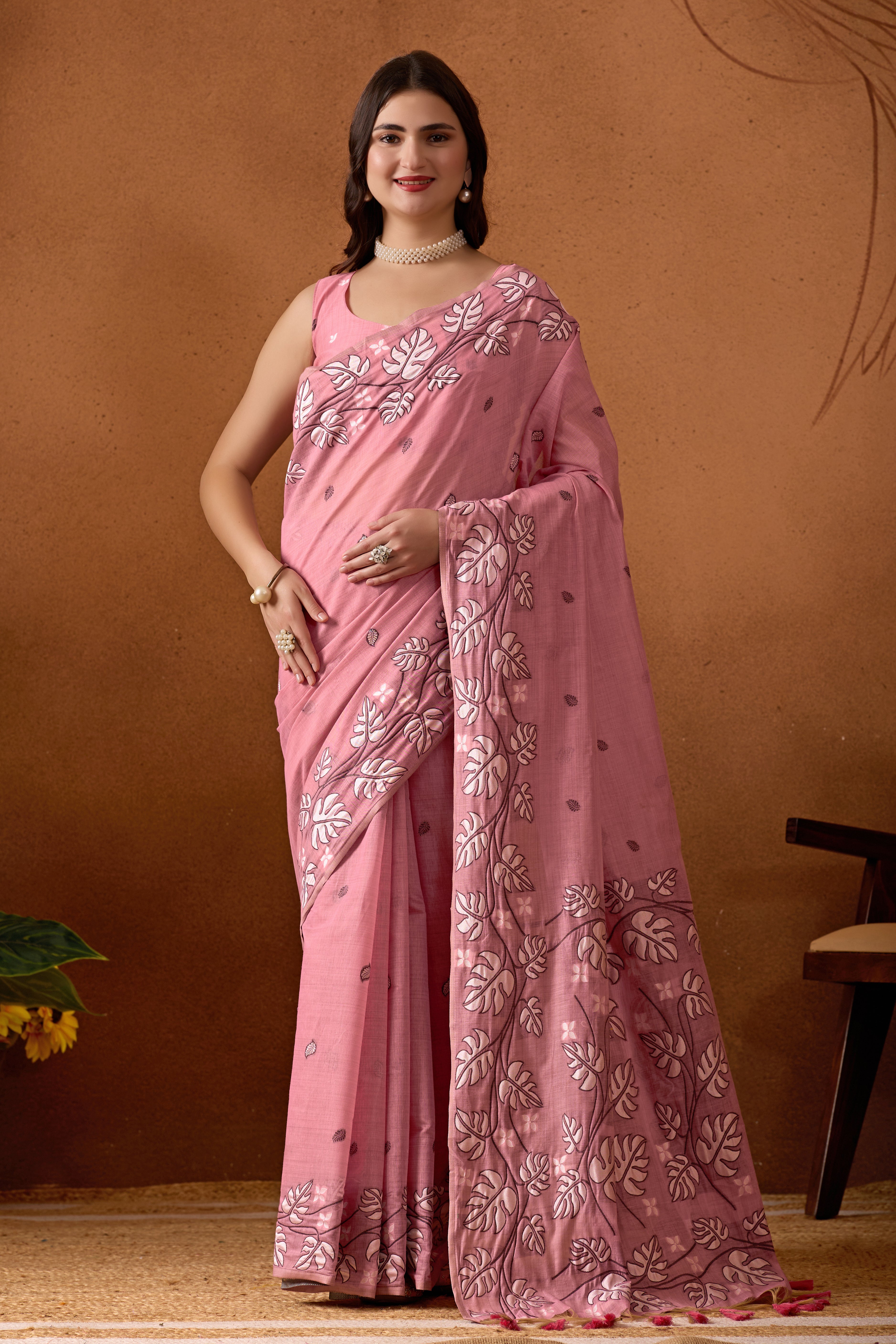 Leaf Harmony Chanderi Cotton Saree in Pink