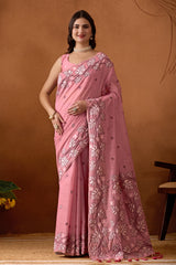 Leaf Harmony Chanderi Cotton Saree in Pink