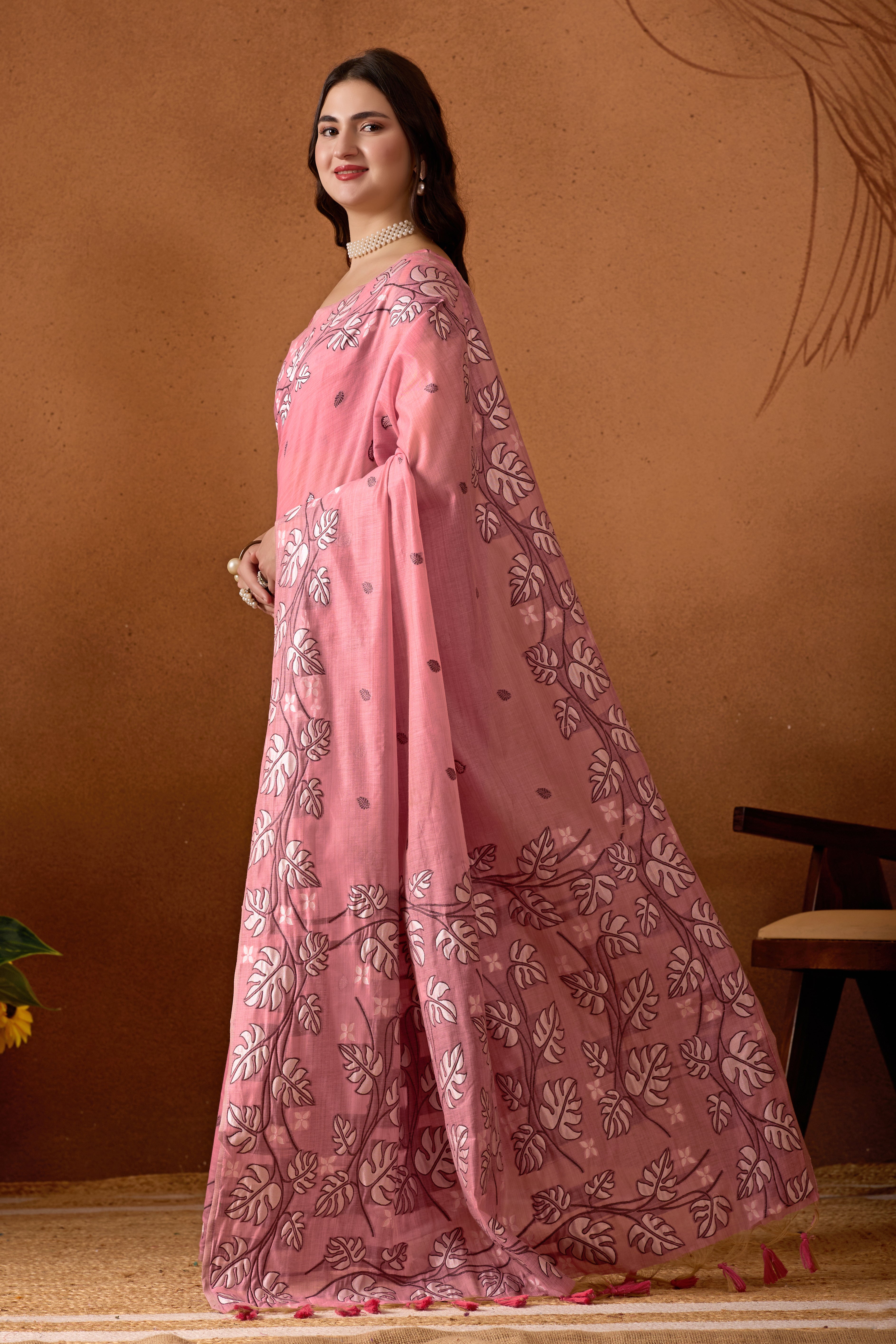 Leaf Harmony Chanderi Cotton Saree in Pink