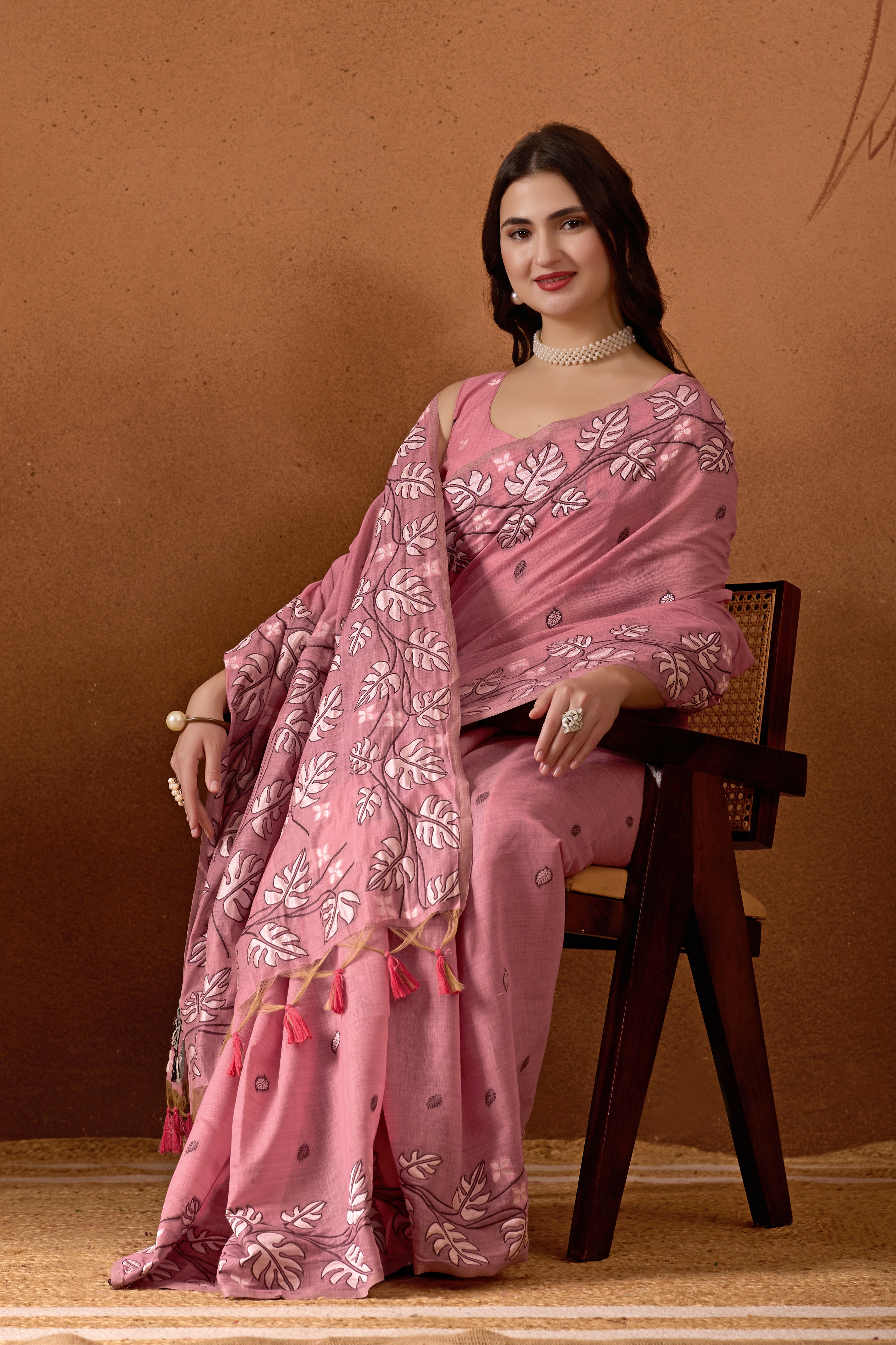 Leaf Harmony Chanderi Cotton Saree in Pink