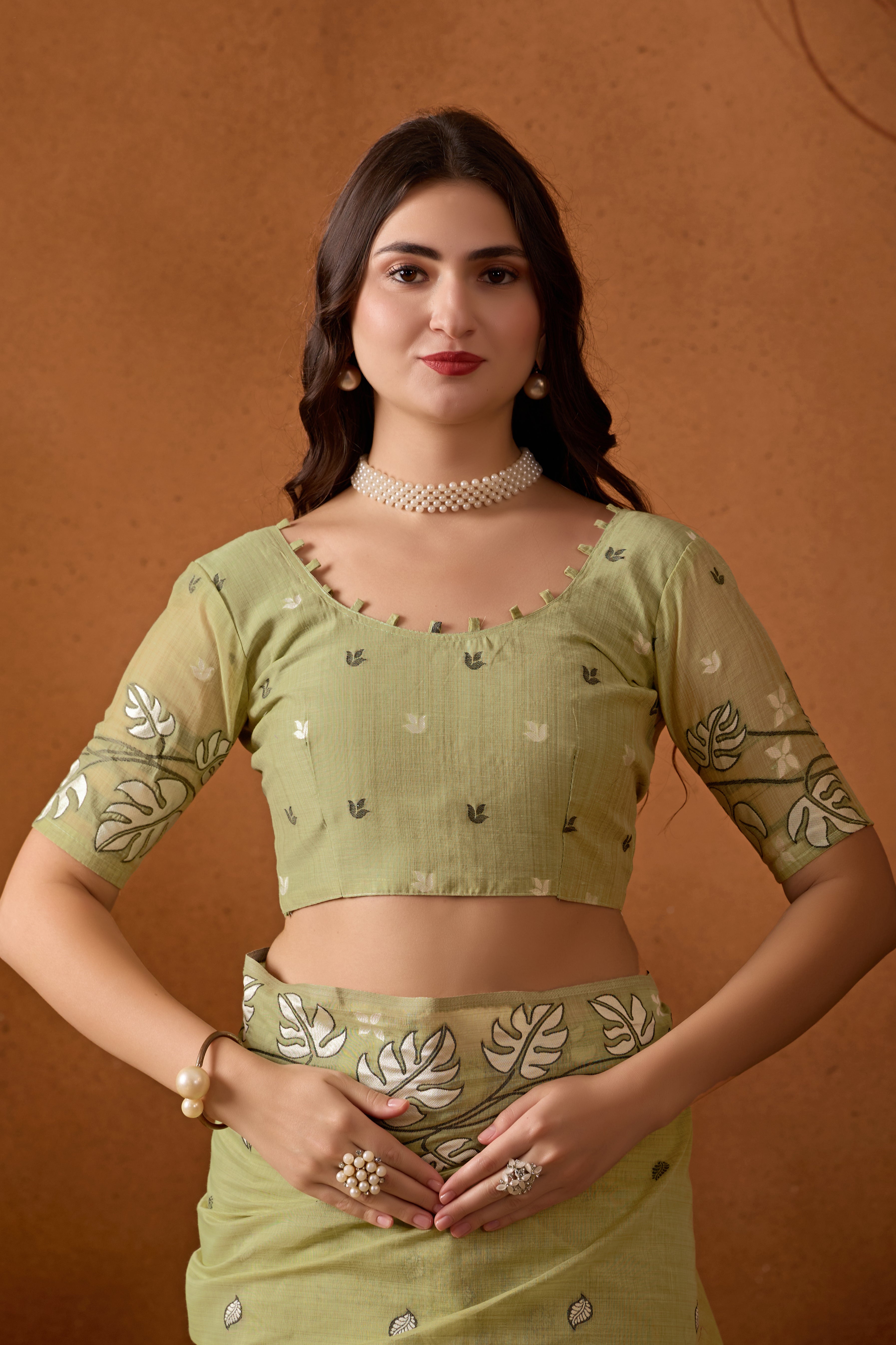 Leaf Harmony Chanderi Cotton Saree in Green