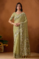 Leaf Harmony Chanderi Cotton Saree in Green