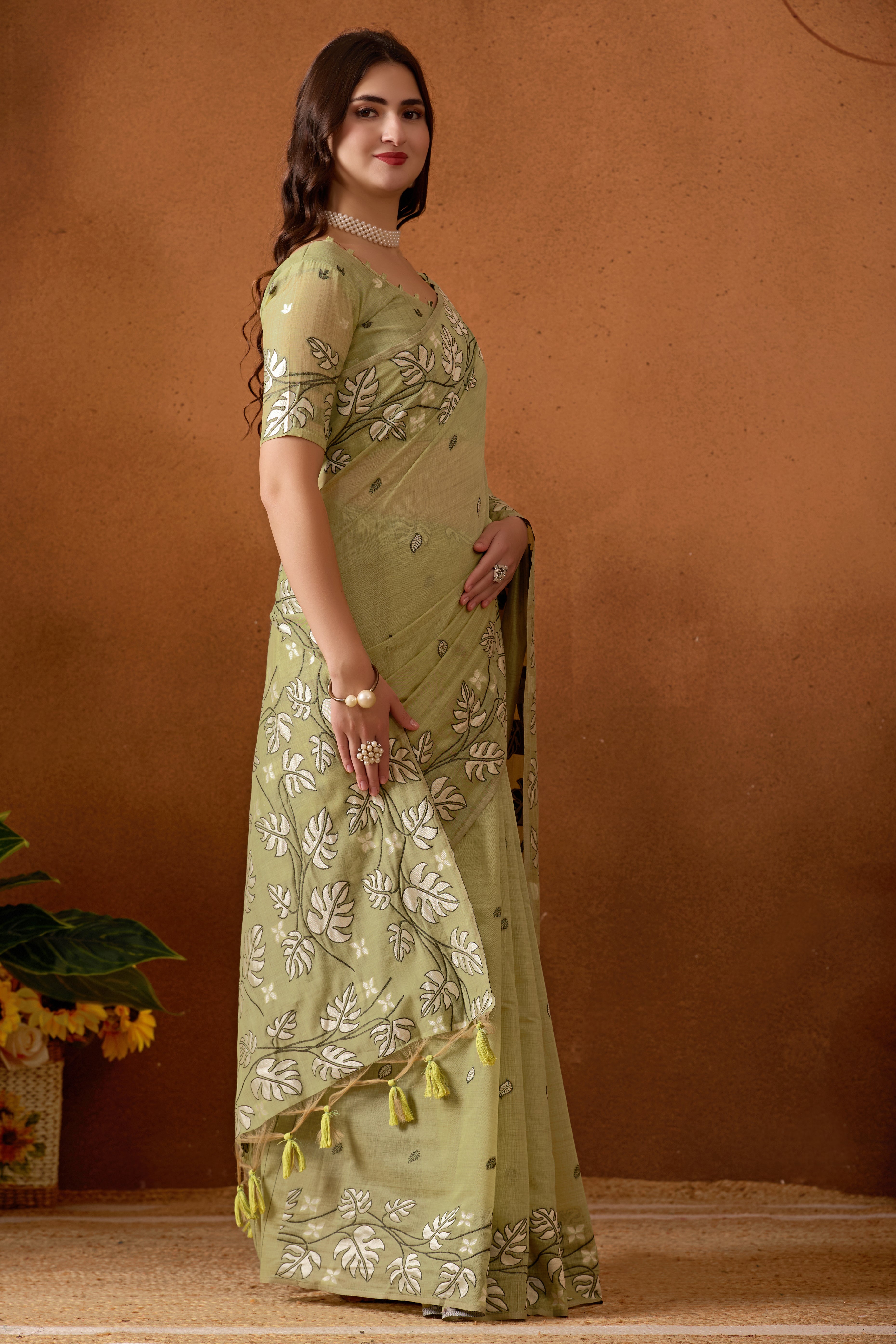 Leaf Harmony Chanderi Cotton Saree in Green