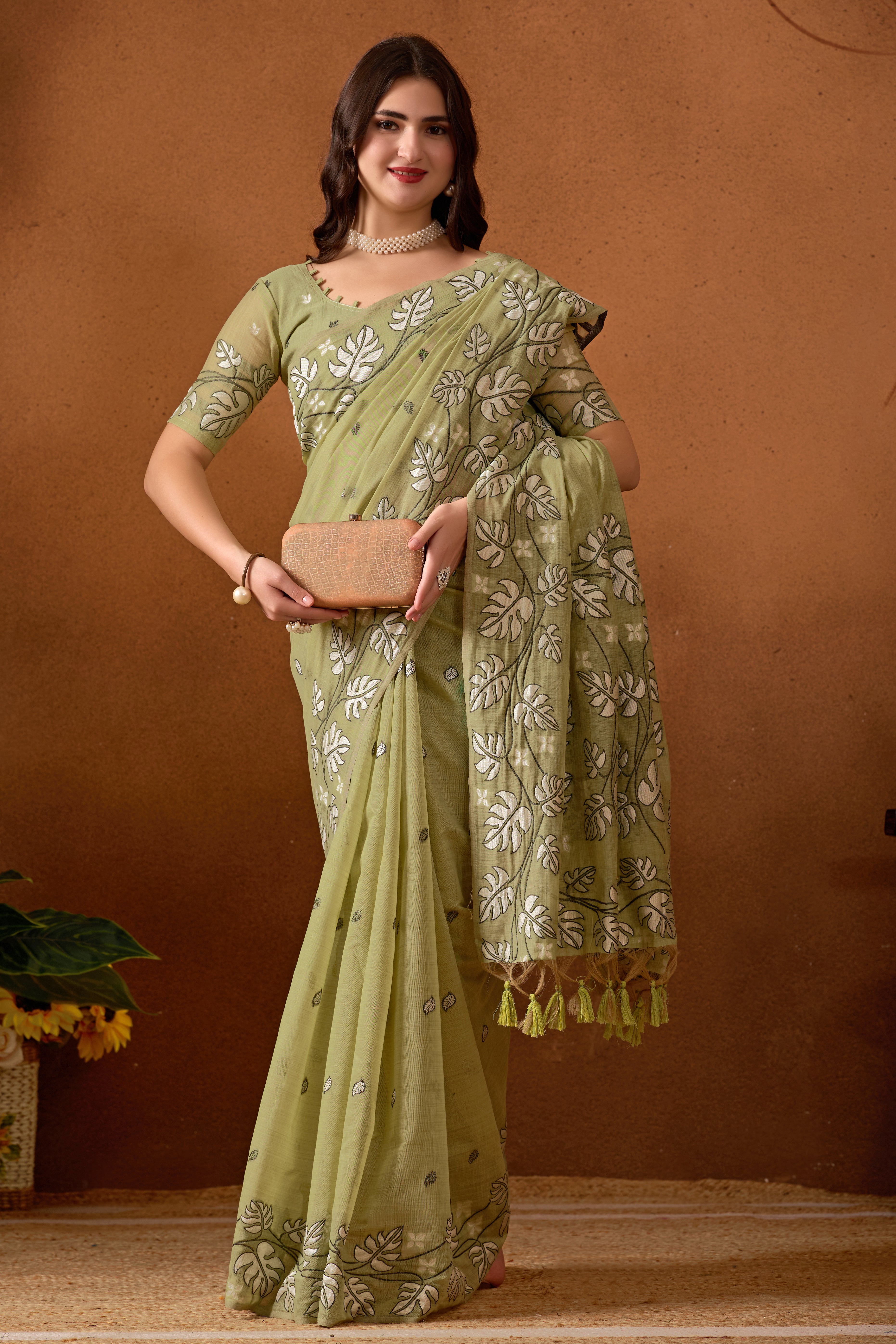 Leaf Harmony Chanderi Cotton Saree in Green