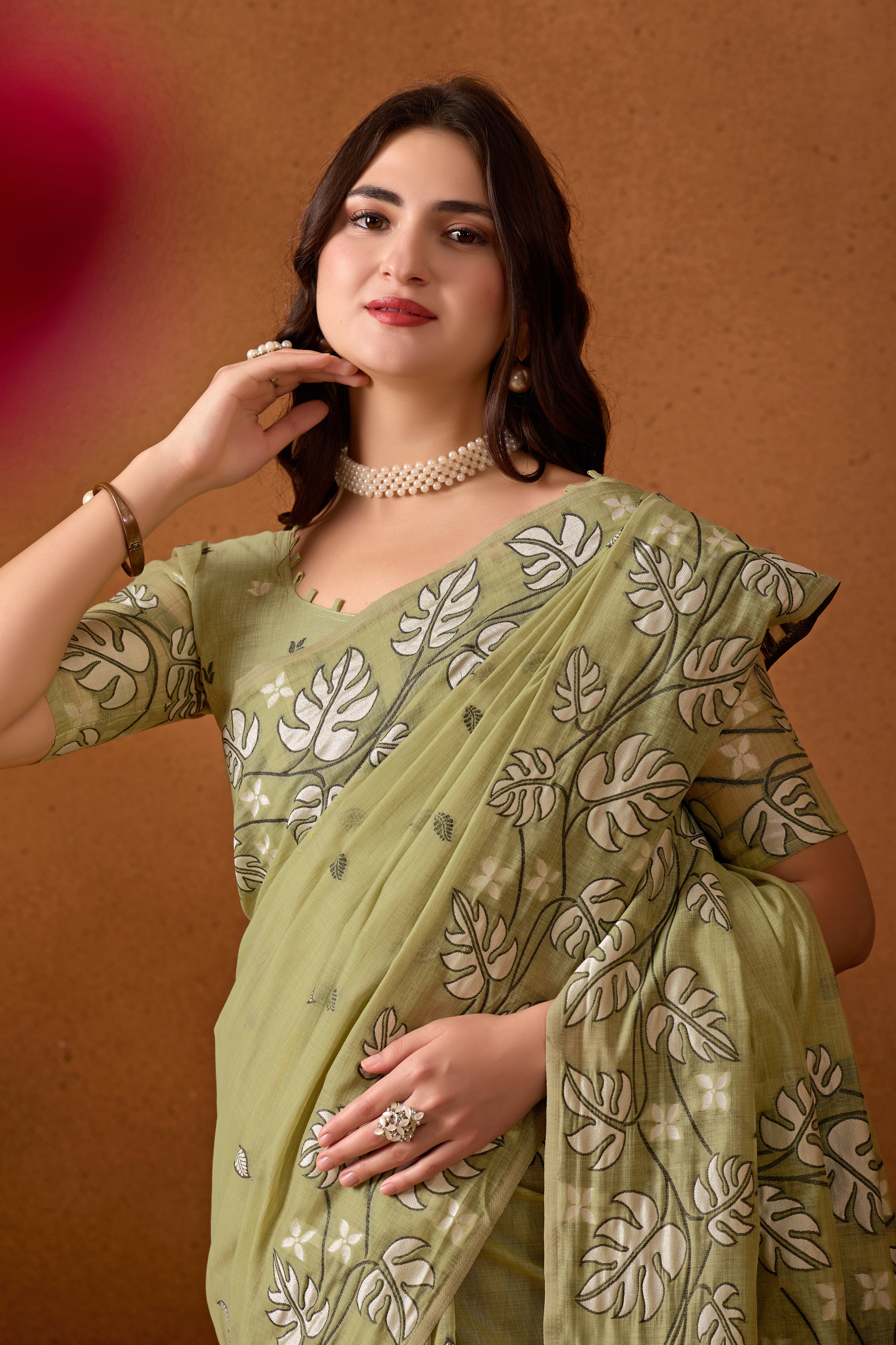Leaf Harmony Chanderi Cotton Saree in Green