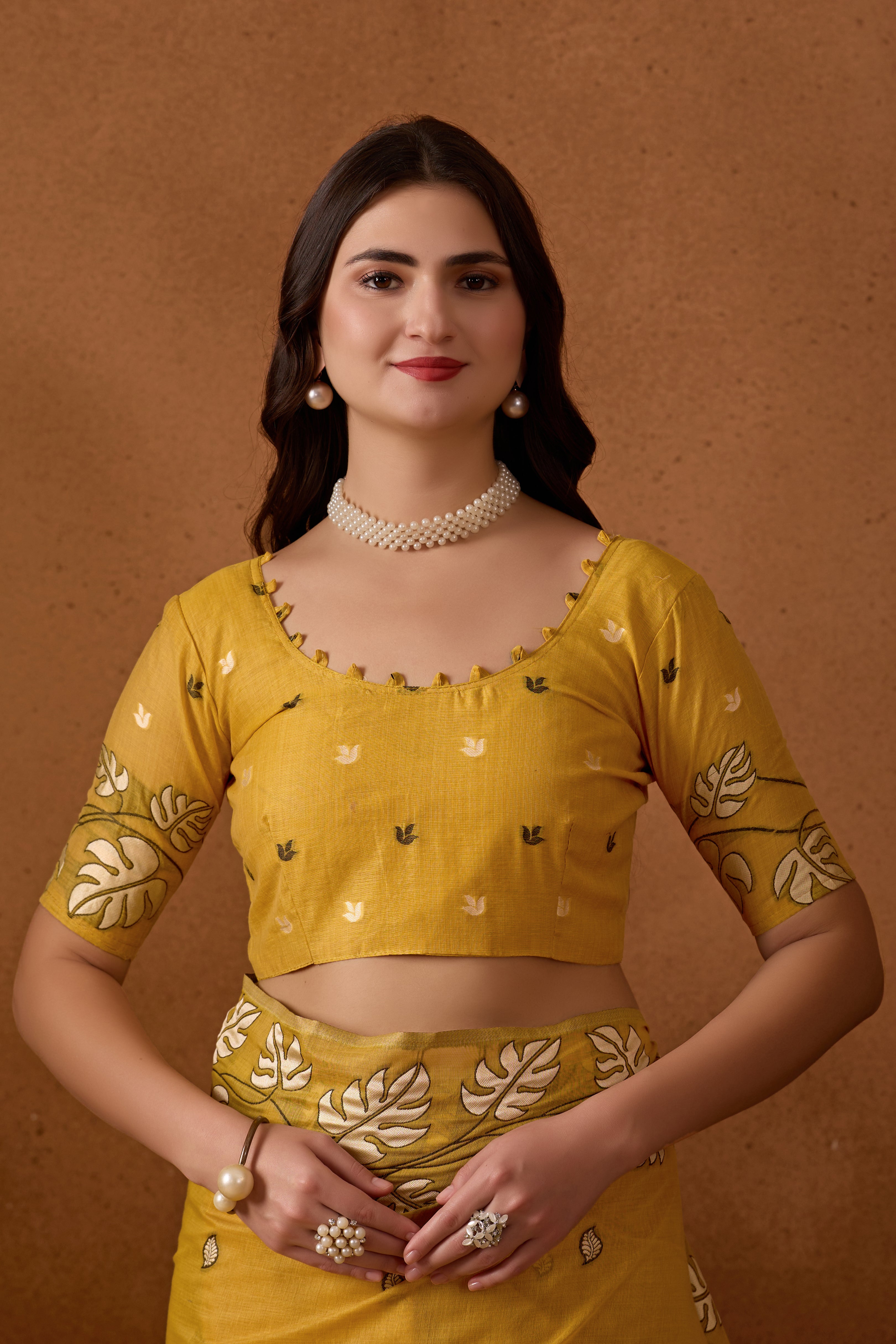 Leaf Harmony Chanderi Cotton Saree in Yellow