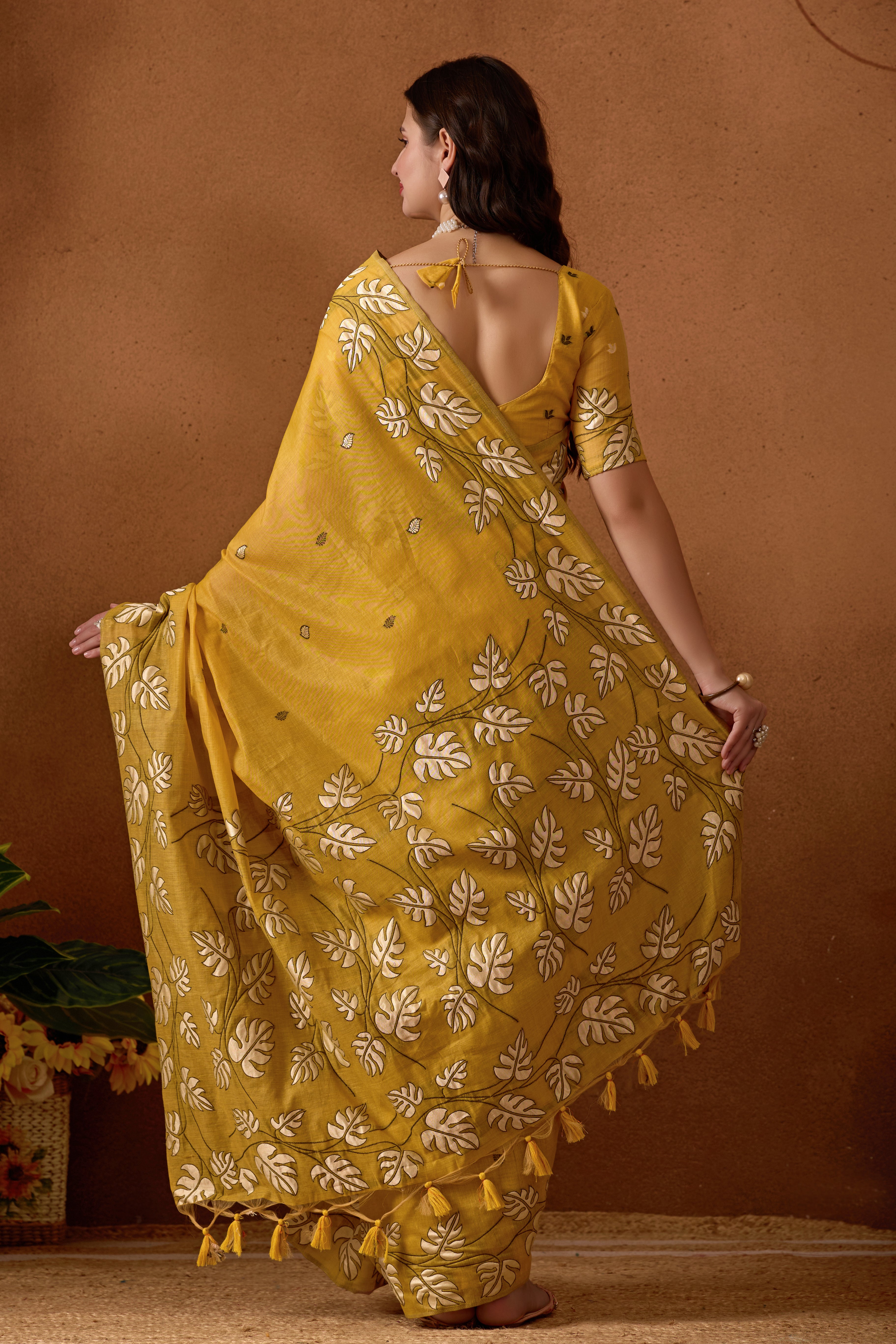 Leaf Harmony Chanderi Cotton Saree in Yellow