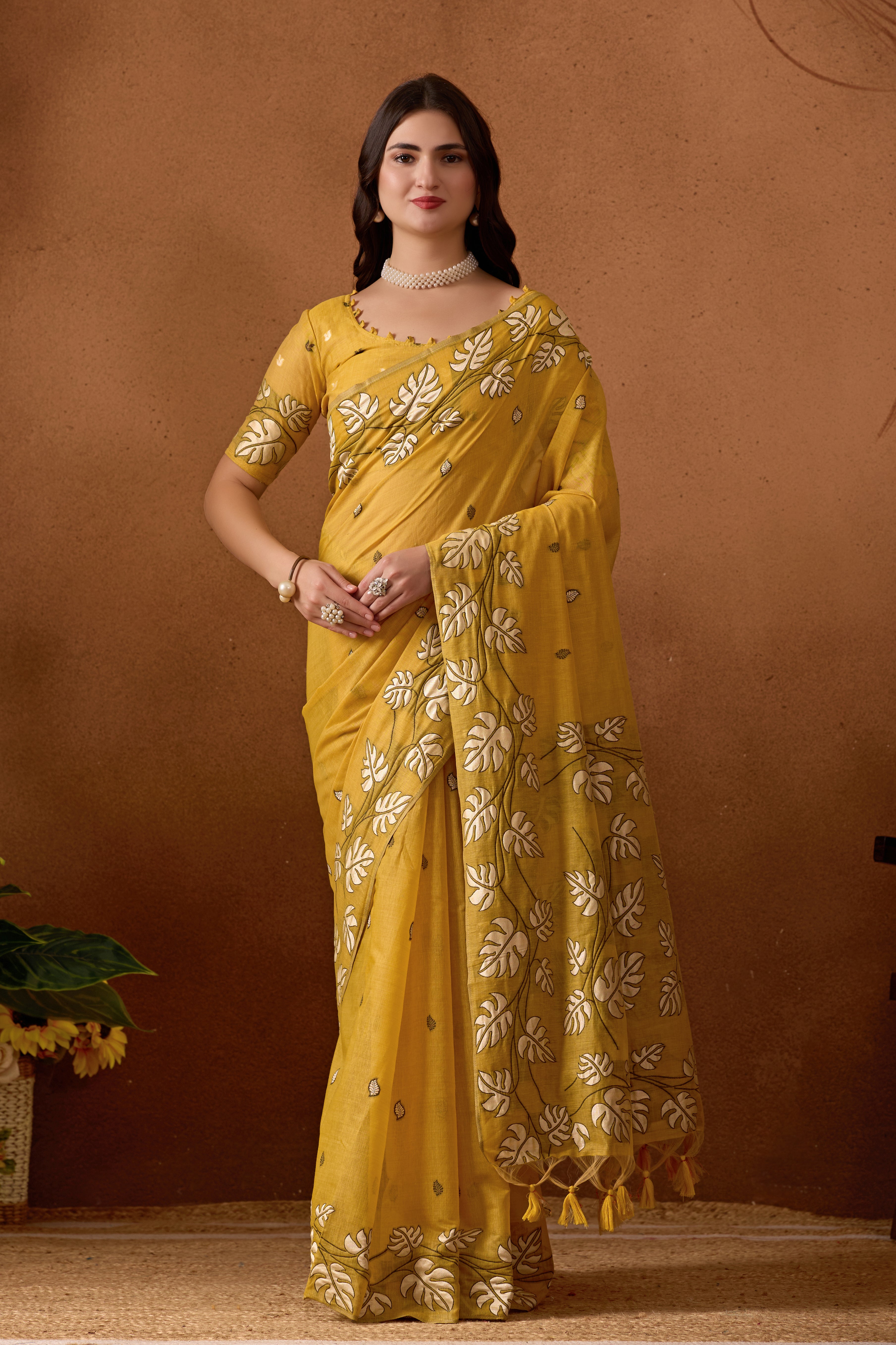 Leaf Harmony Chanderi Cotton Saree in Yellow
