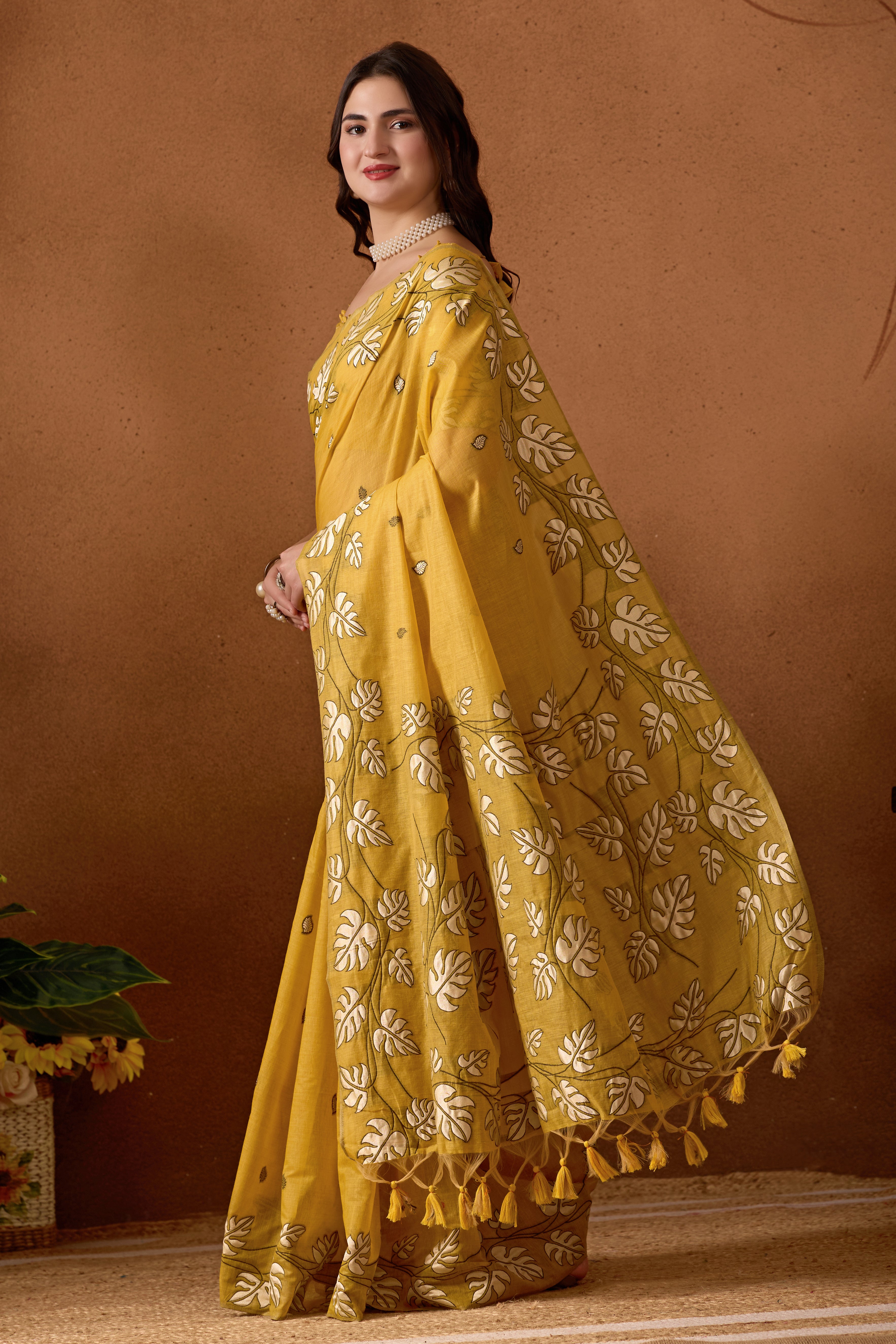 Leaf Harmony Chanderi Cotton Saree in Yellow