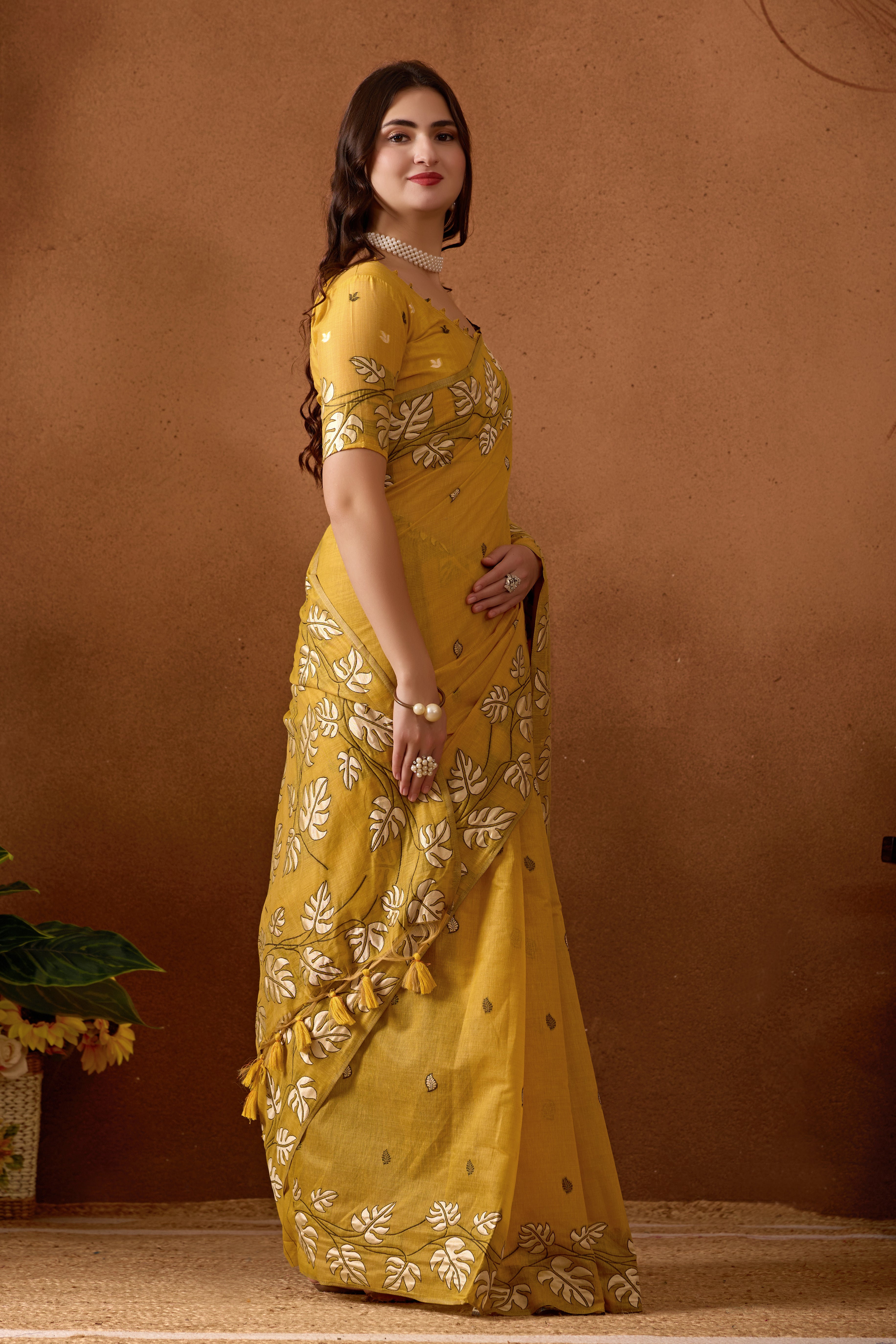 Leaf Harmony Chanderi Cotton Saree in Yellow