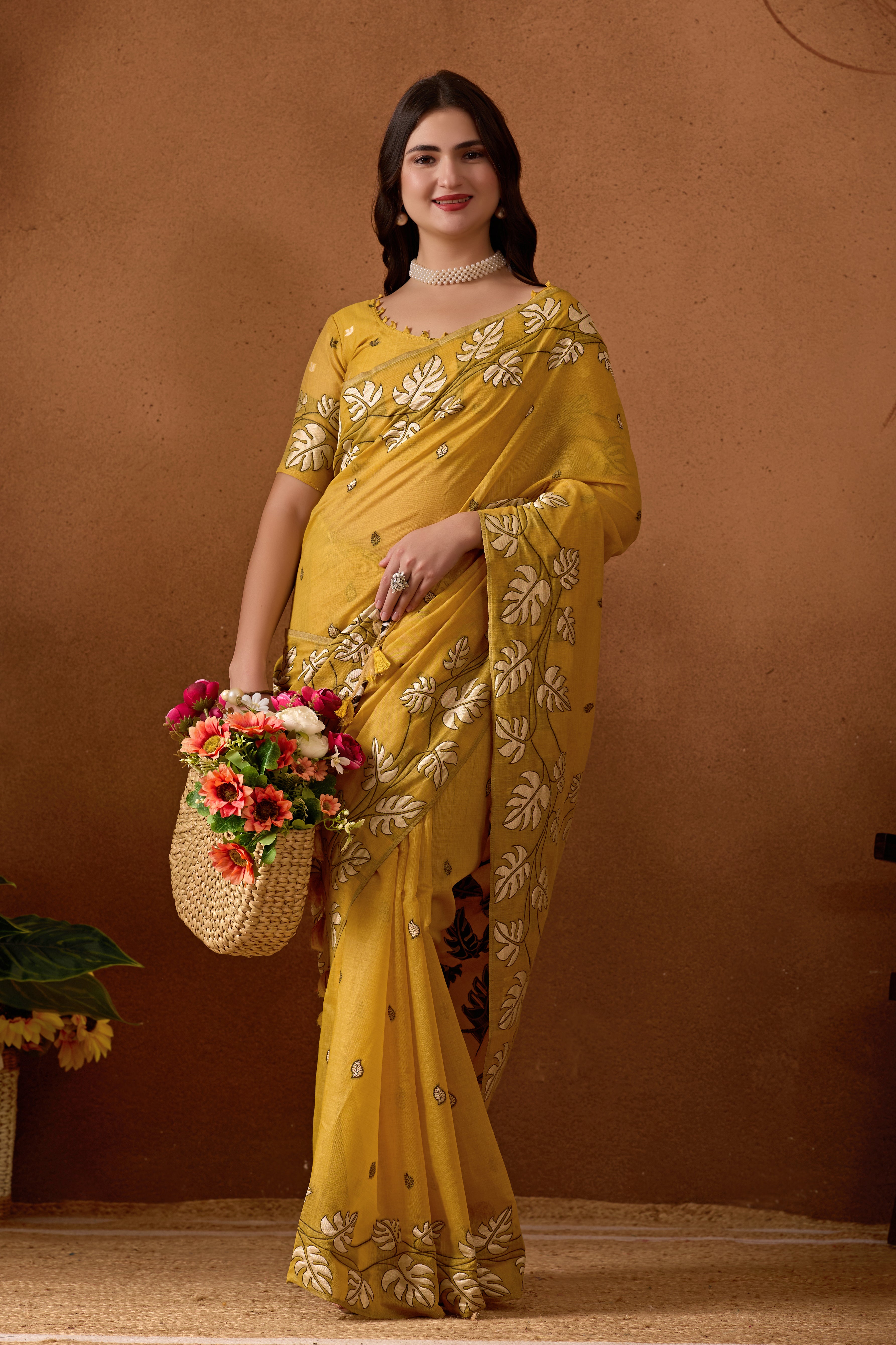 Leaf Harmony Chanderi Cotton Saree in Yellow