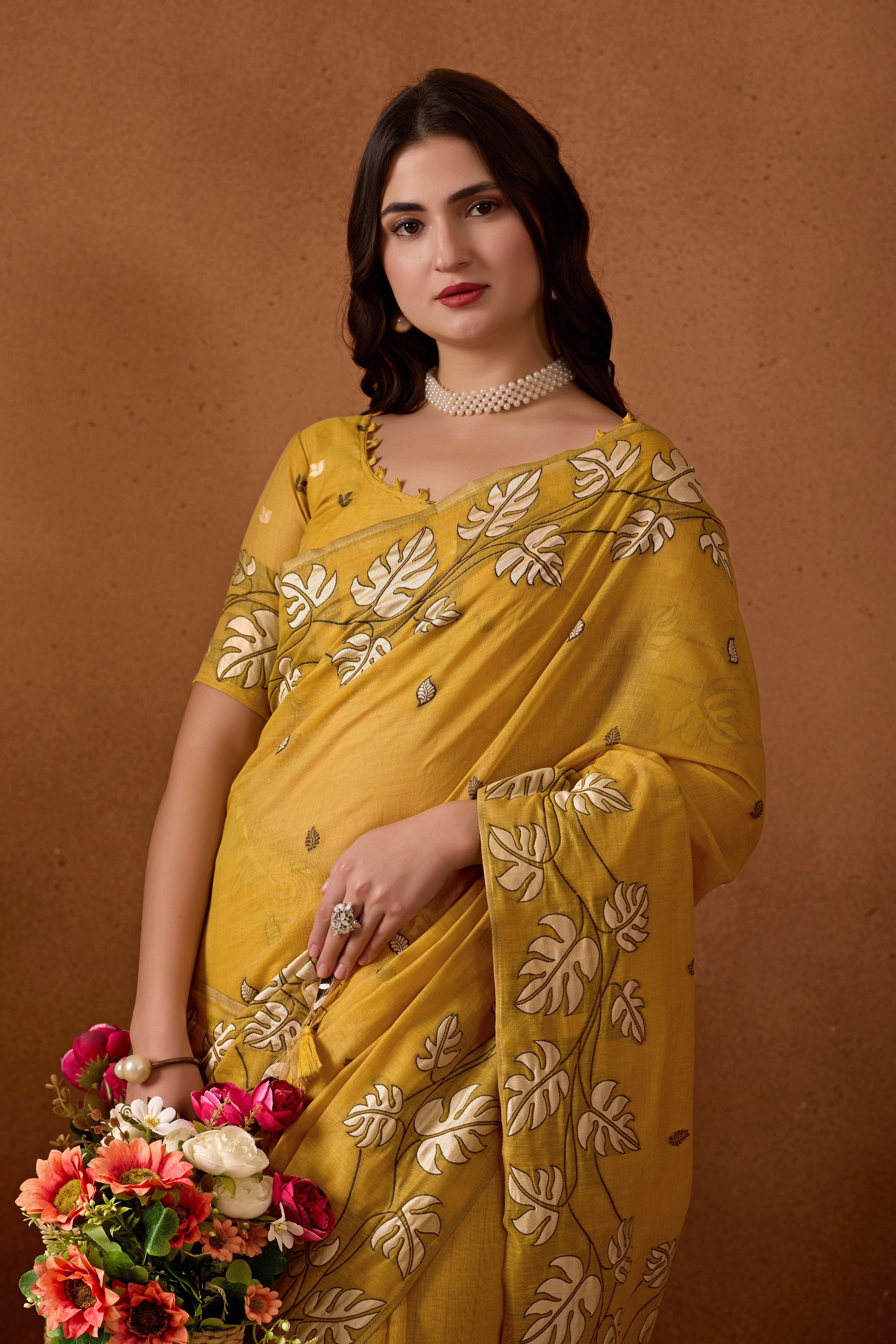 Leaf Harmony Chanderi Cotton Saree in Yellow