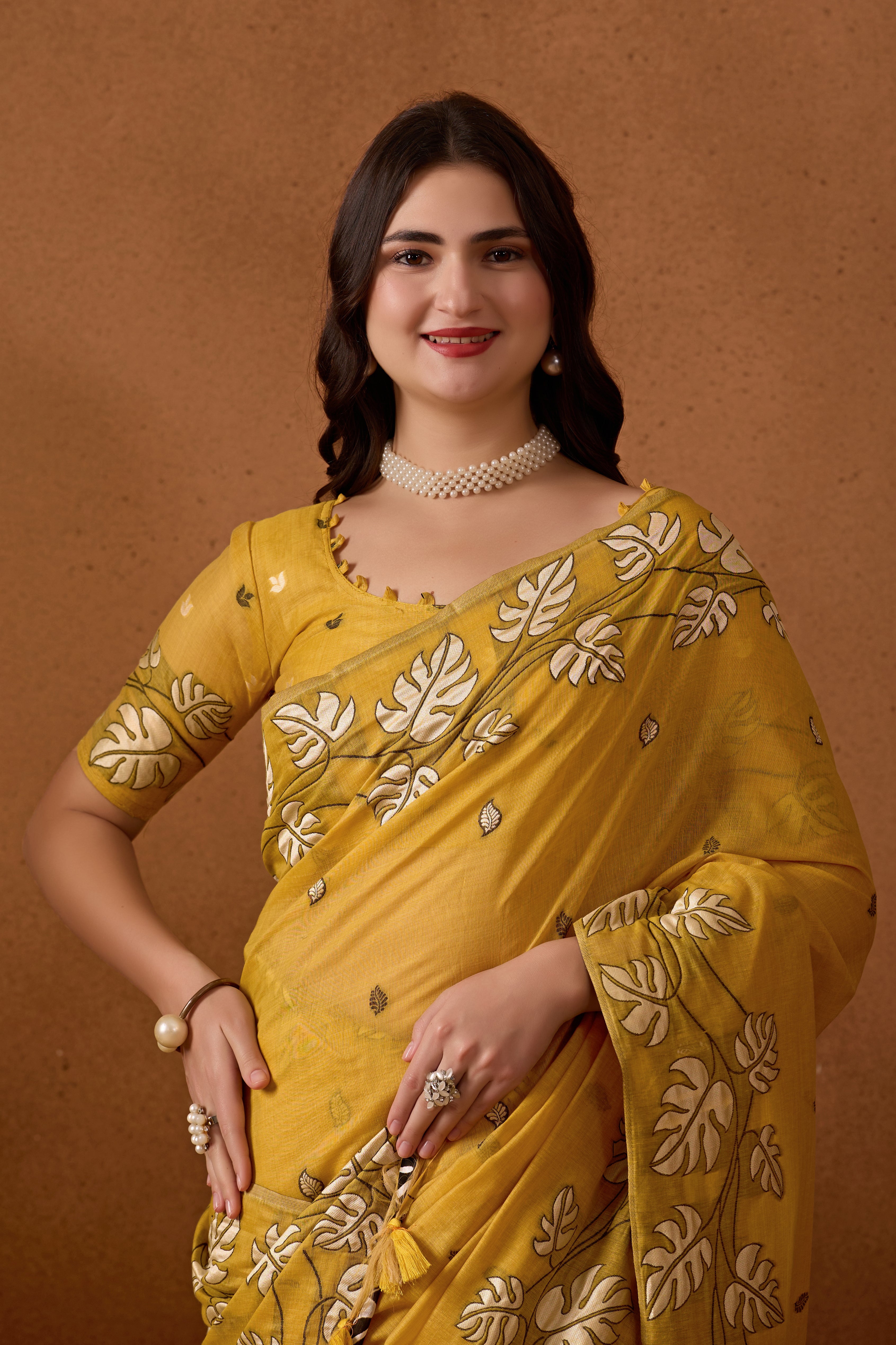 Leaf Harmony Chanderi Cotton Saree in Yellow