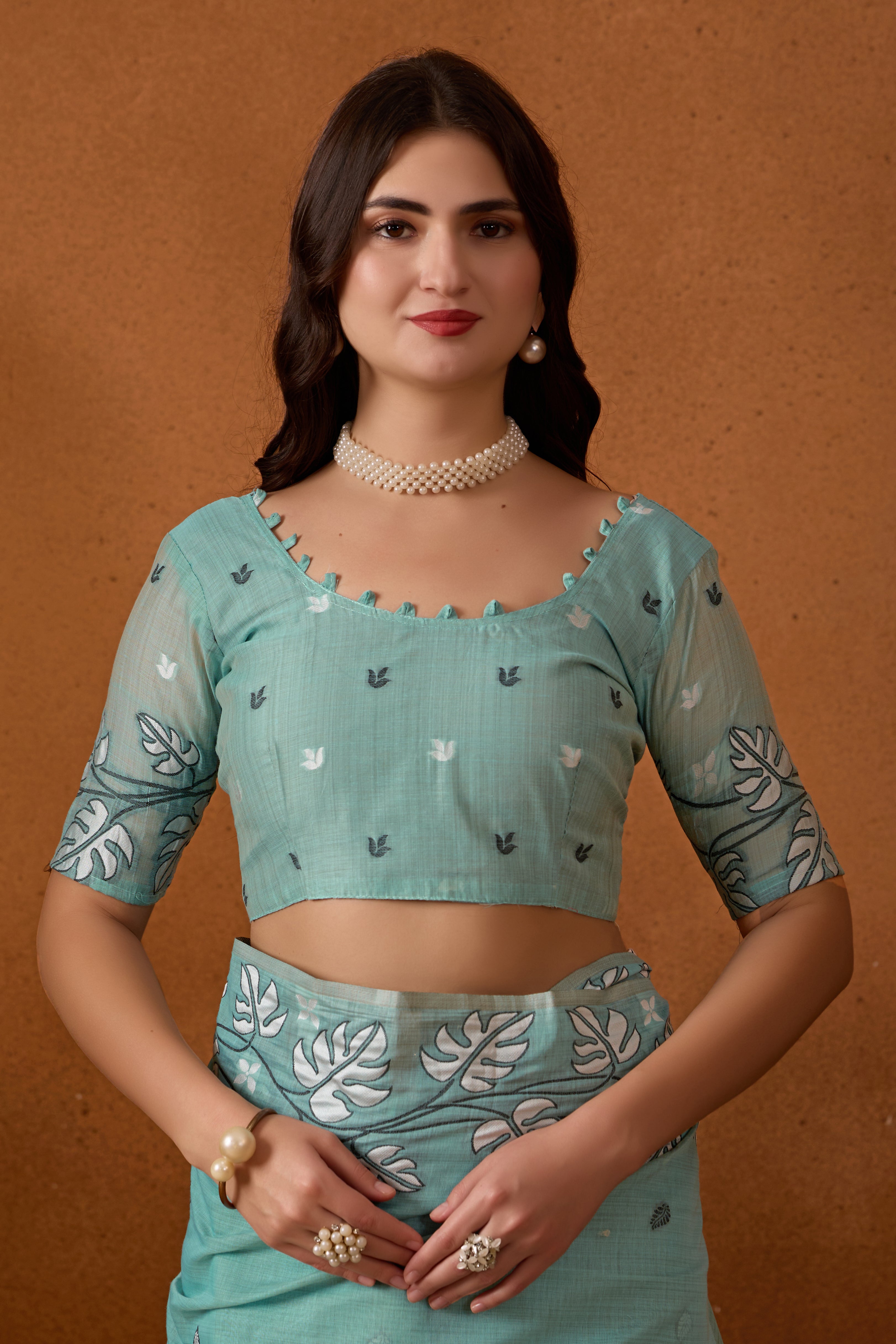 Leaf Harmony Chanderi Cotton Saree in Sky Blue