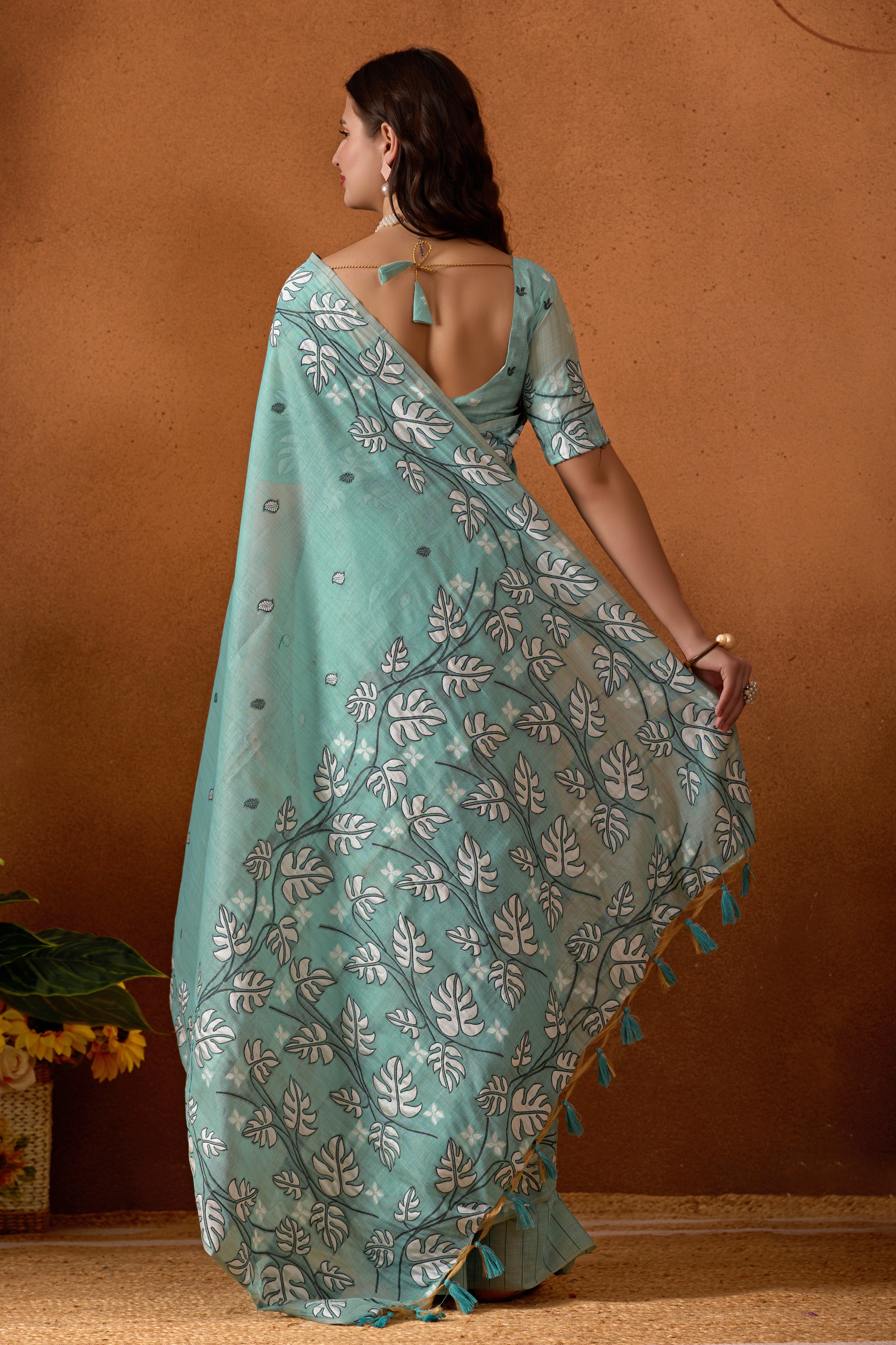Leaf Harmony Chanderi Cotton Saree in Sky Blue