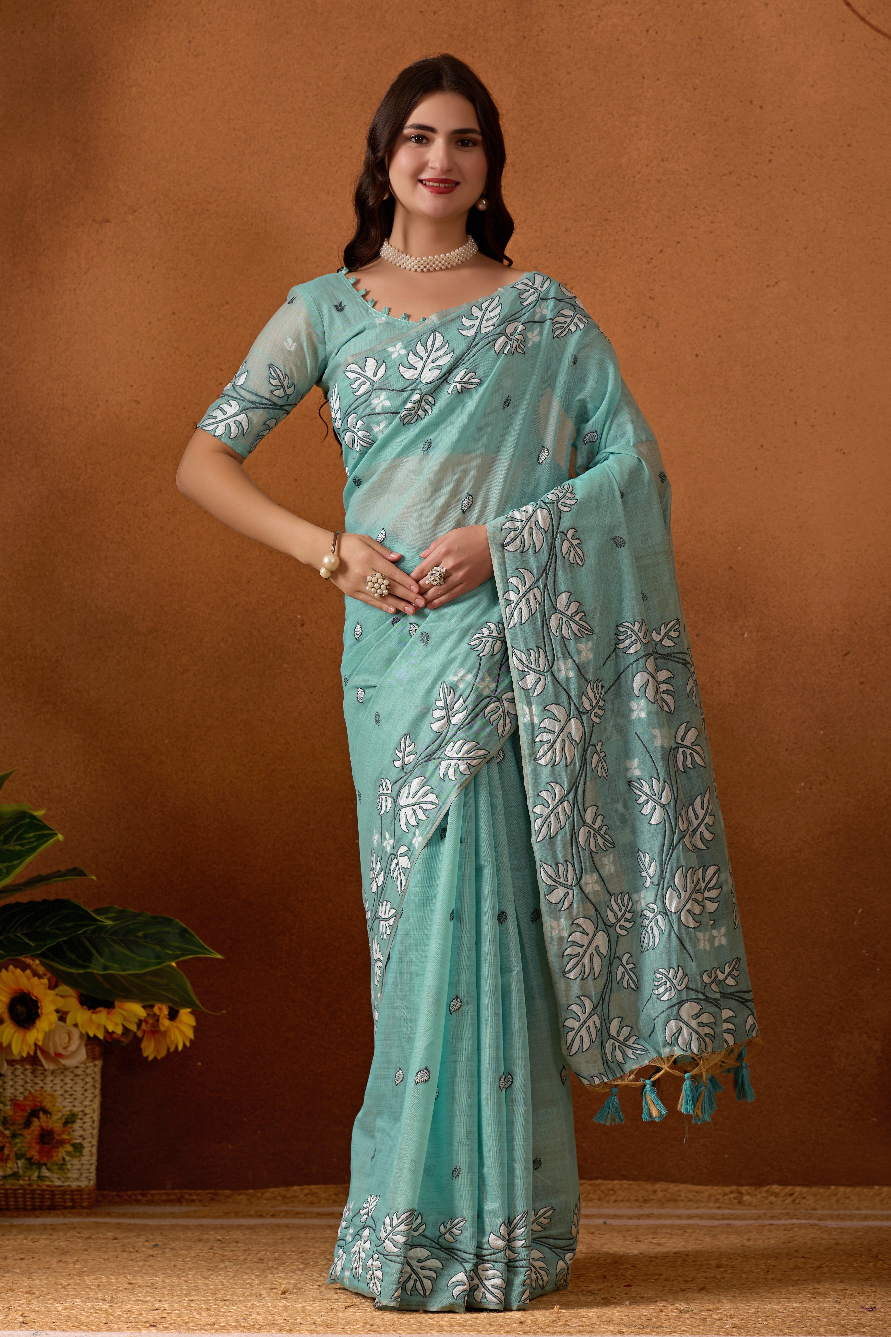 Leaf Harmony Chanderi Cotton Saree in Sky Blue