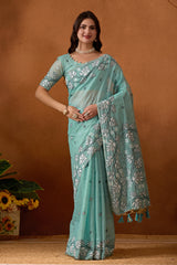 Leaf Harmony Chanderi Cotton Saree in Sky Blue