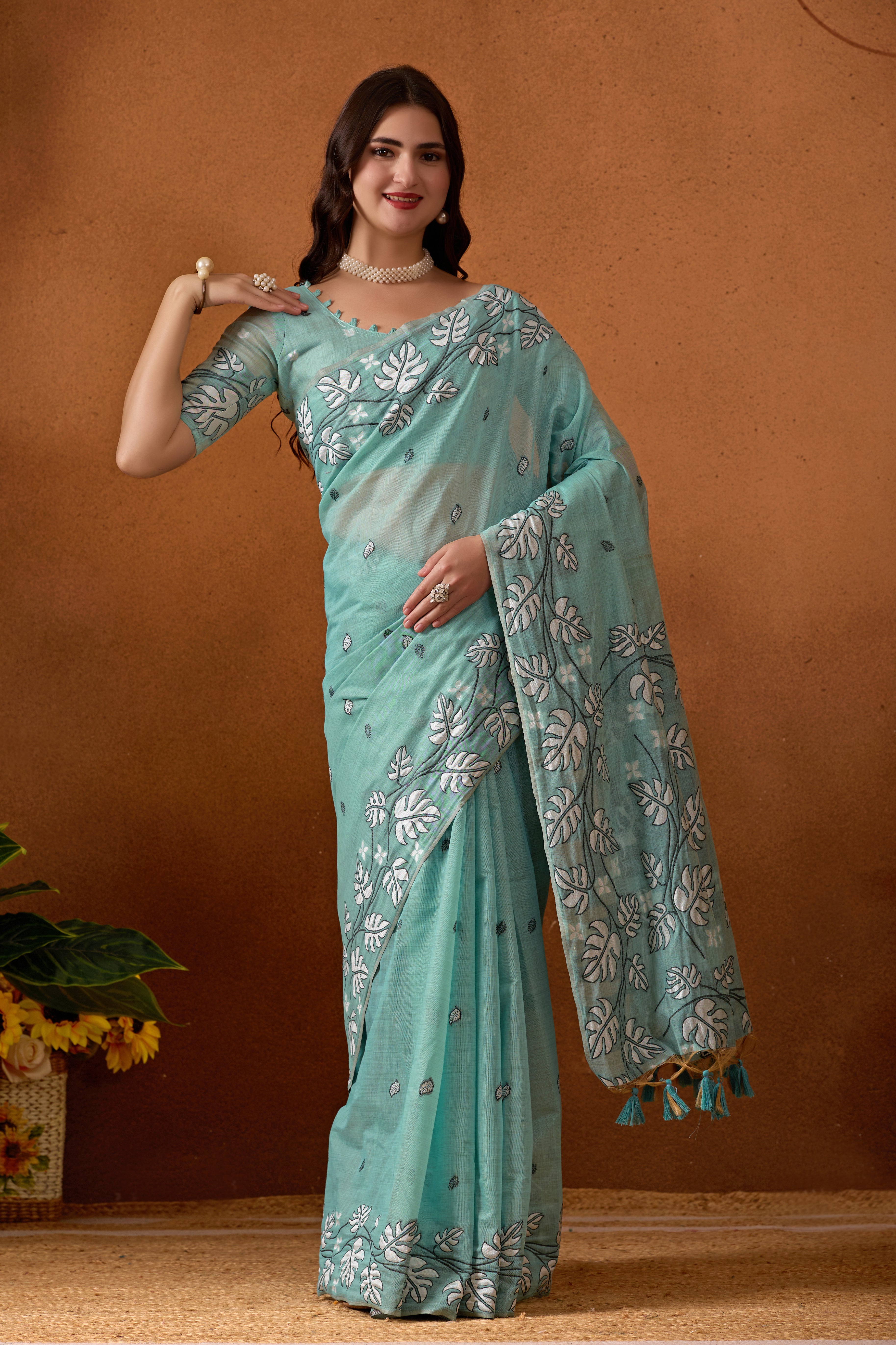 Leaf Harmony Chanderi Cotton Saree in Sky Blue