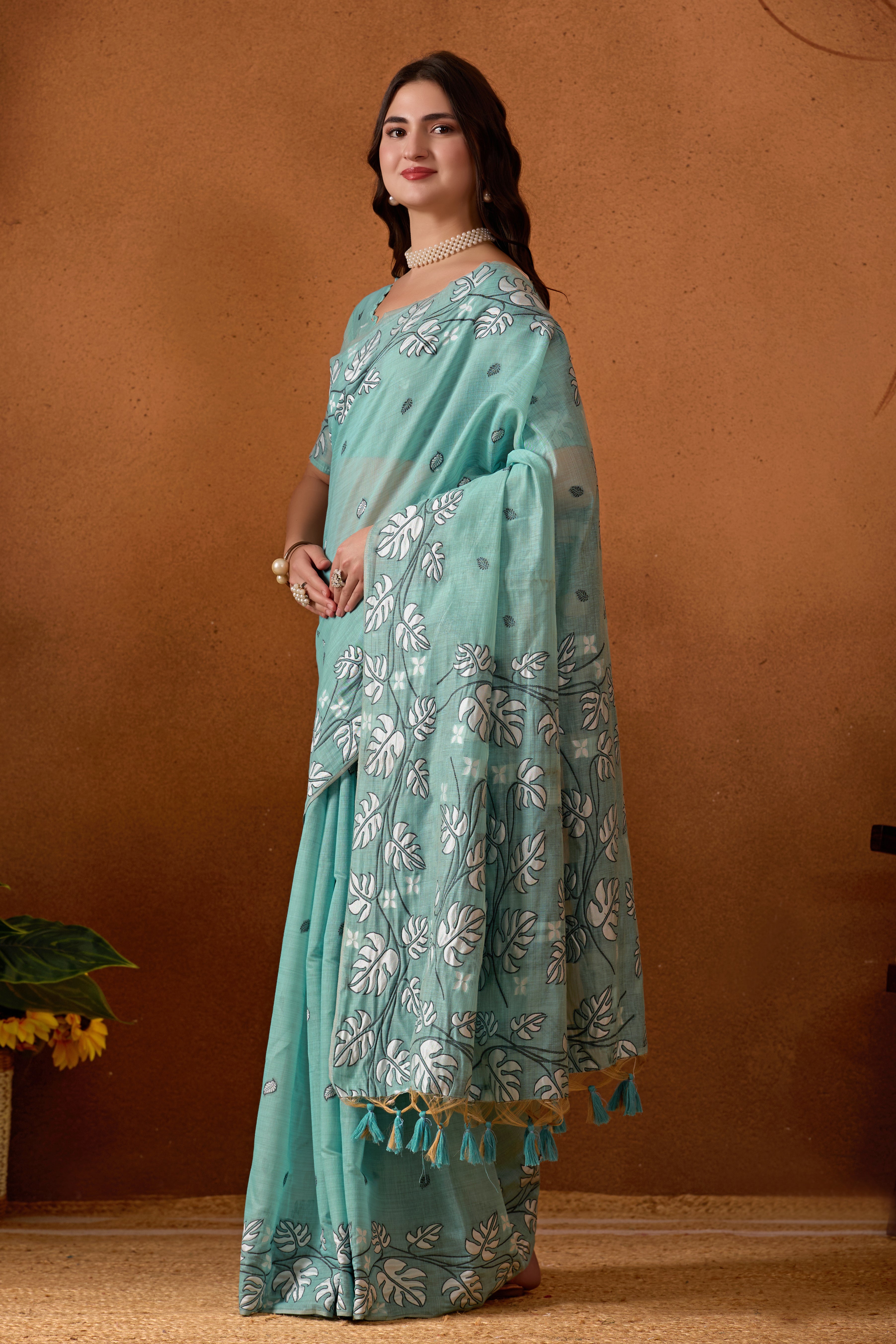 Leaf Harmony Chanderi Cotton Saree in Sky Blue