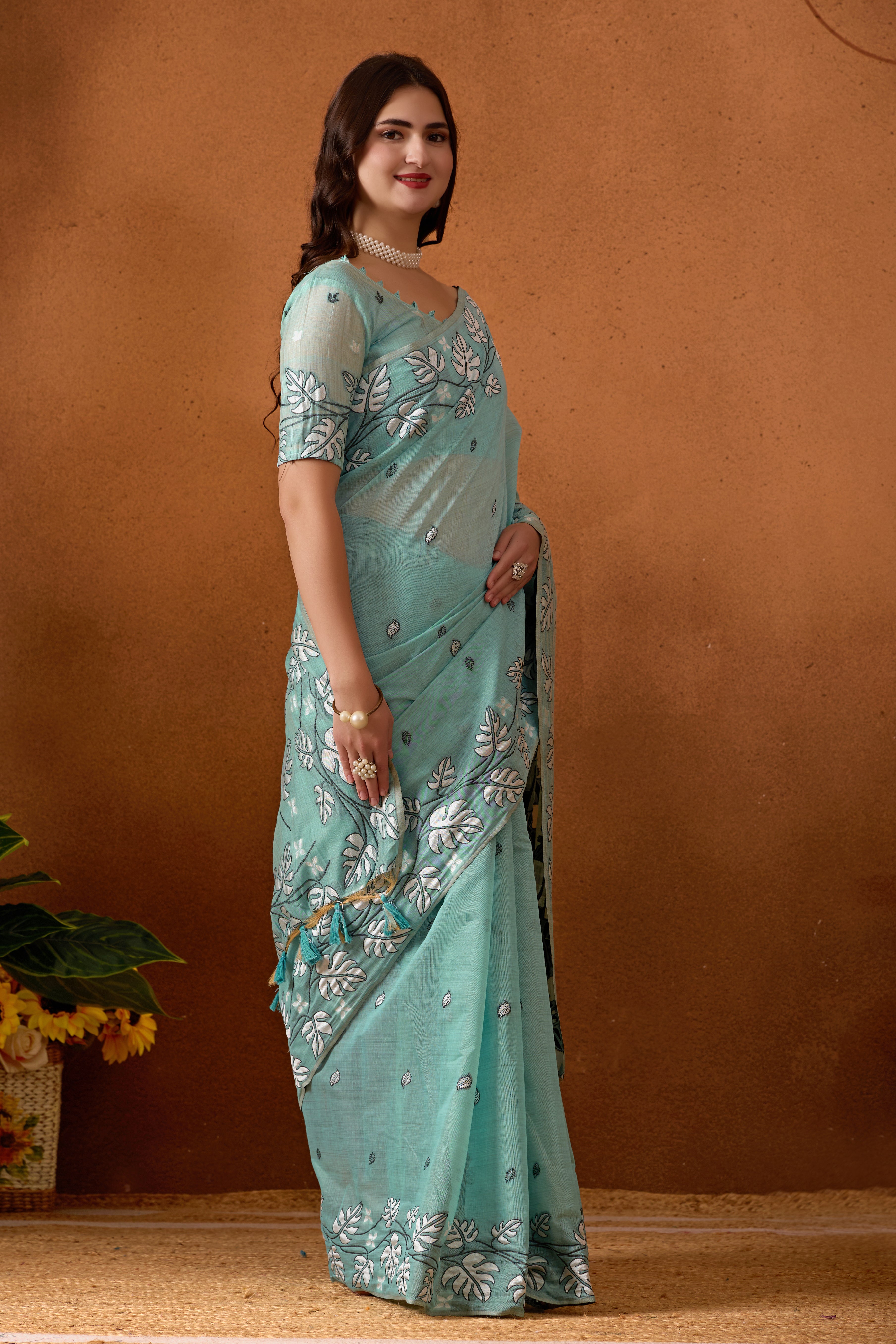 Leaf Harmony Chanderi Cotton Saree in Sky Blue