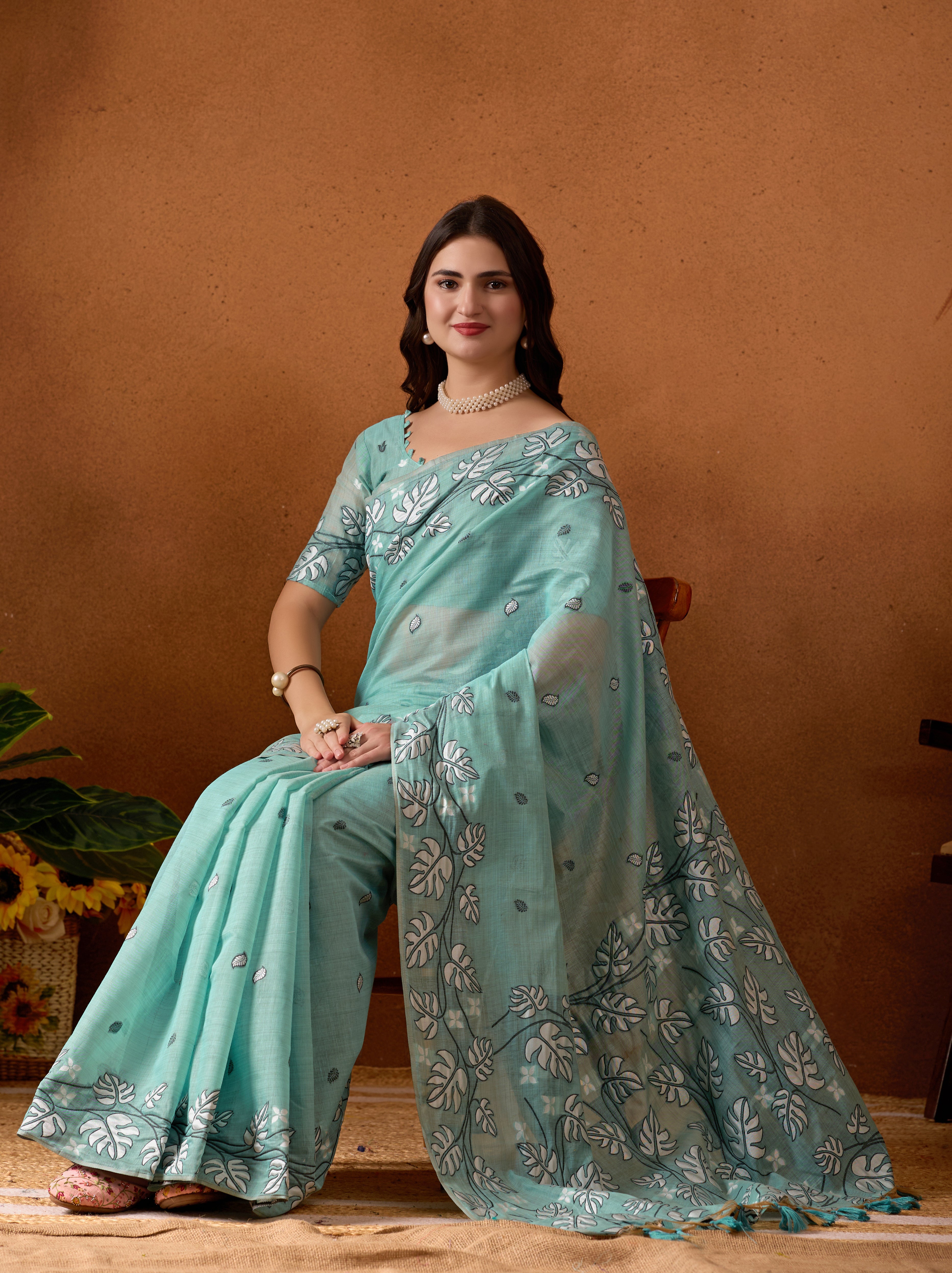 Leaf Harmony Chanderi Cotton Saree in Sky Blue