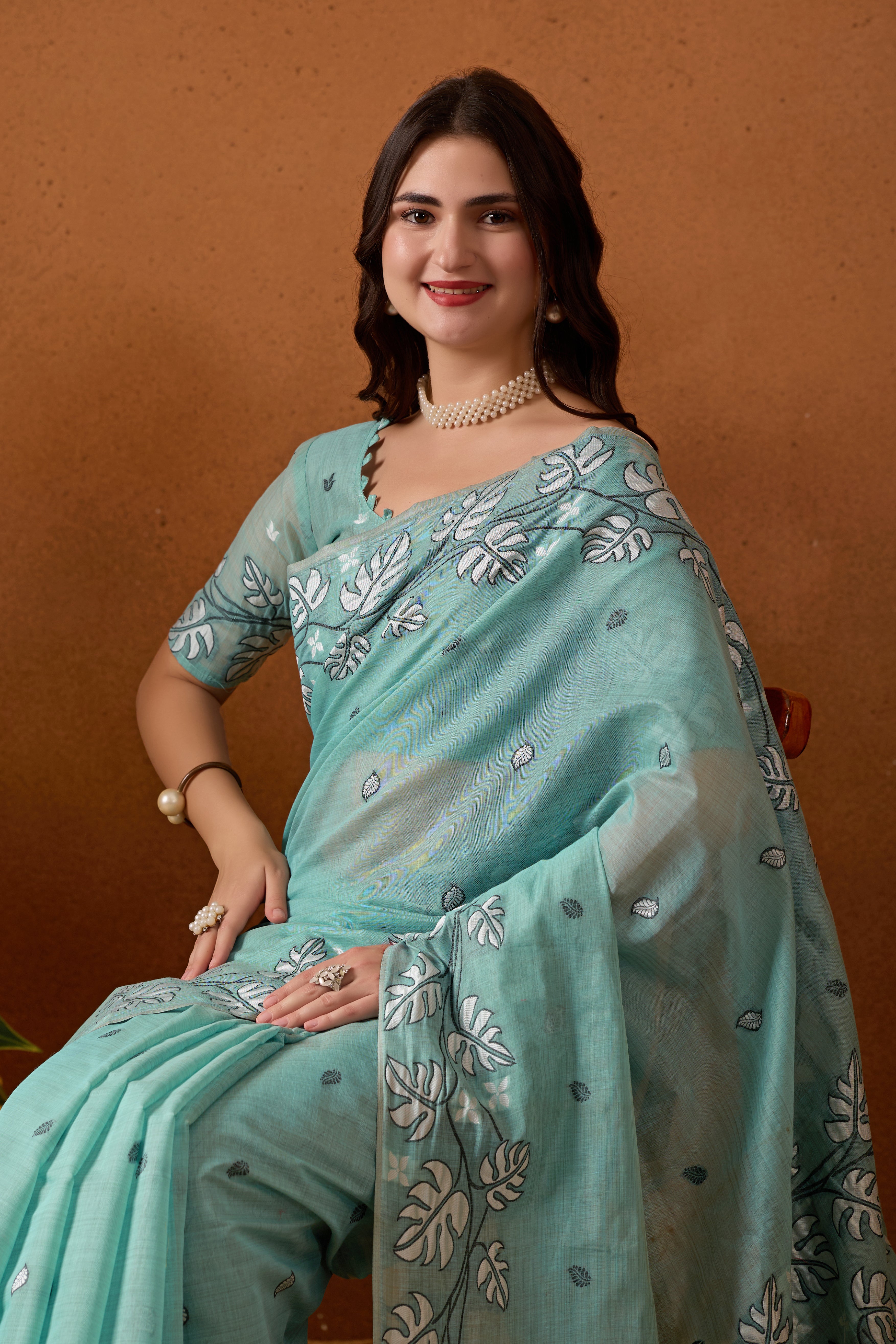 Leaf Harmony Chanderi Cotton Saree in Sky Blue