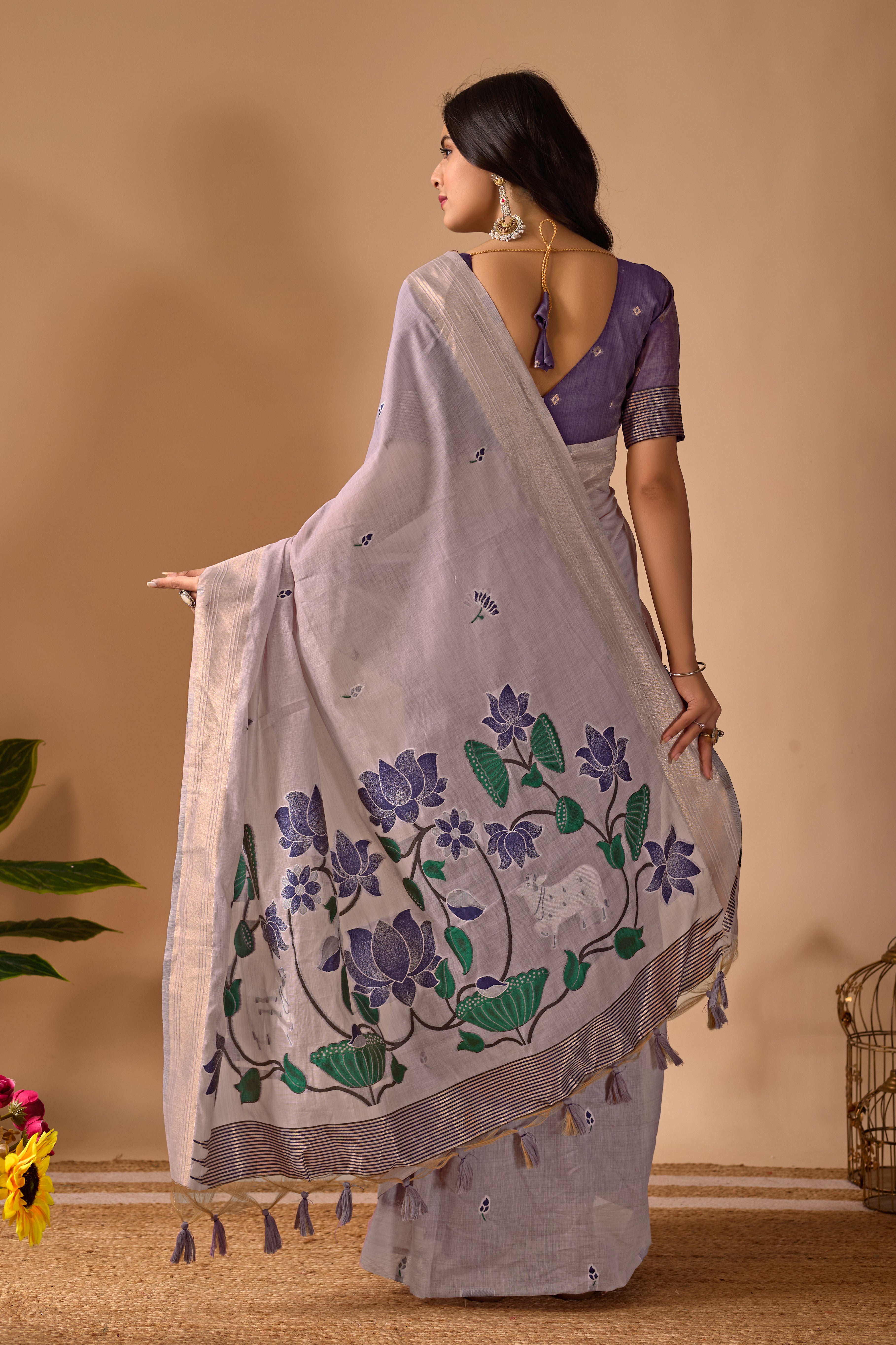 Lavender Paithani Saree with Cow & Floral Pallu Design