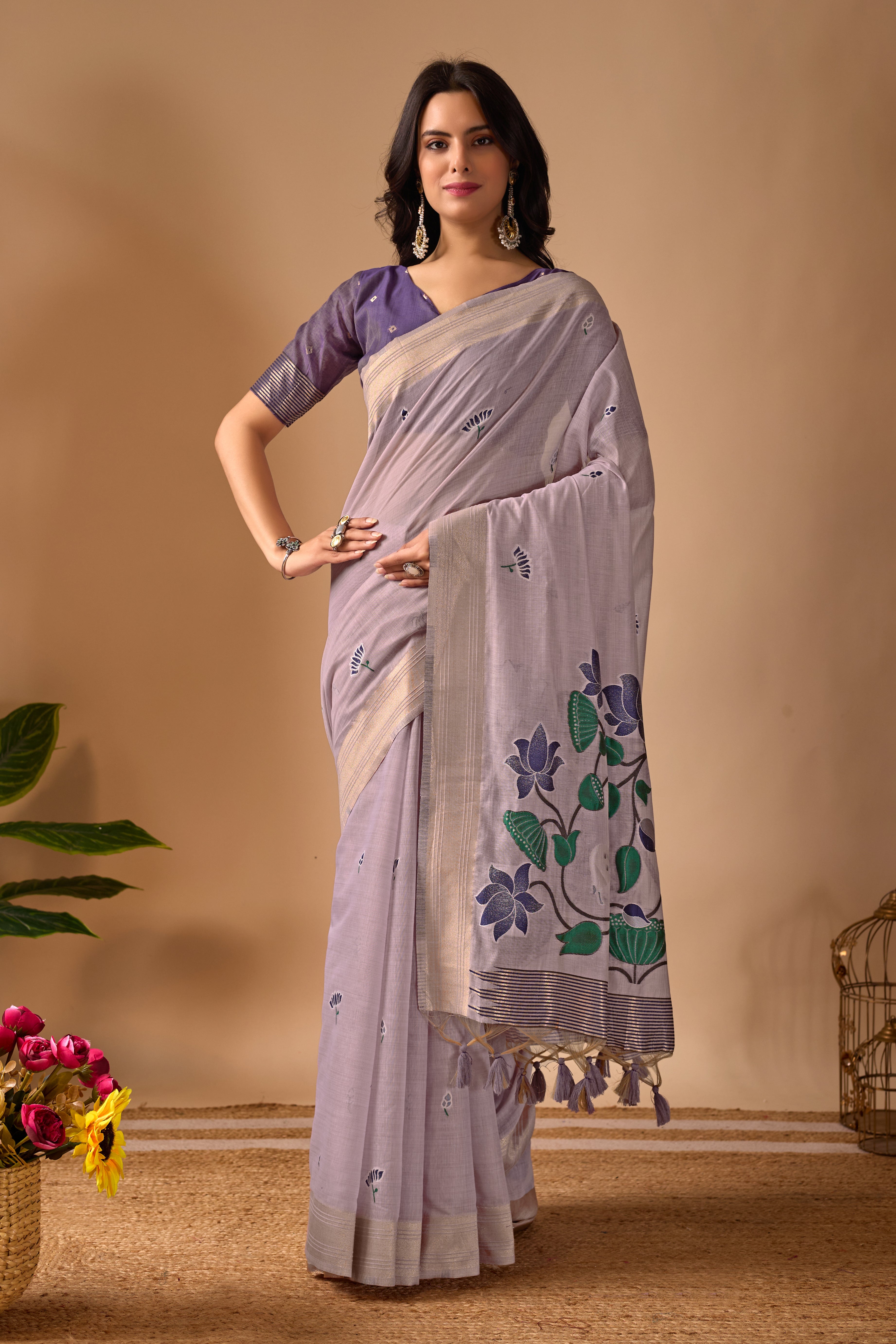 Lavender Paithani Saree with Cow & Floral Pallu Design