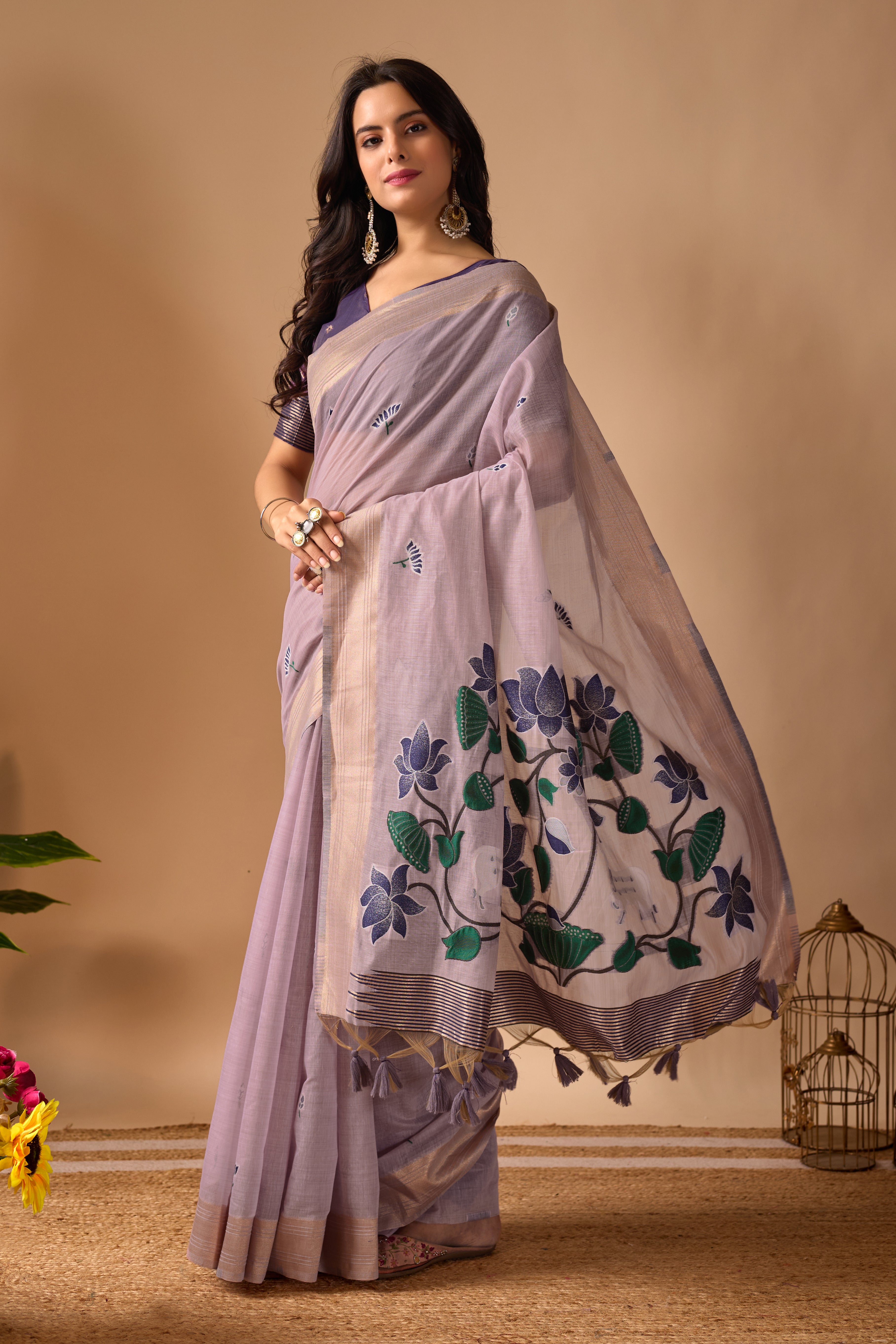 Lavender Paithani Saree with Cow & Floral Pallu Design