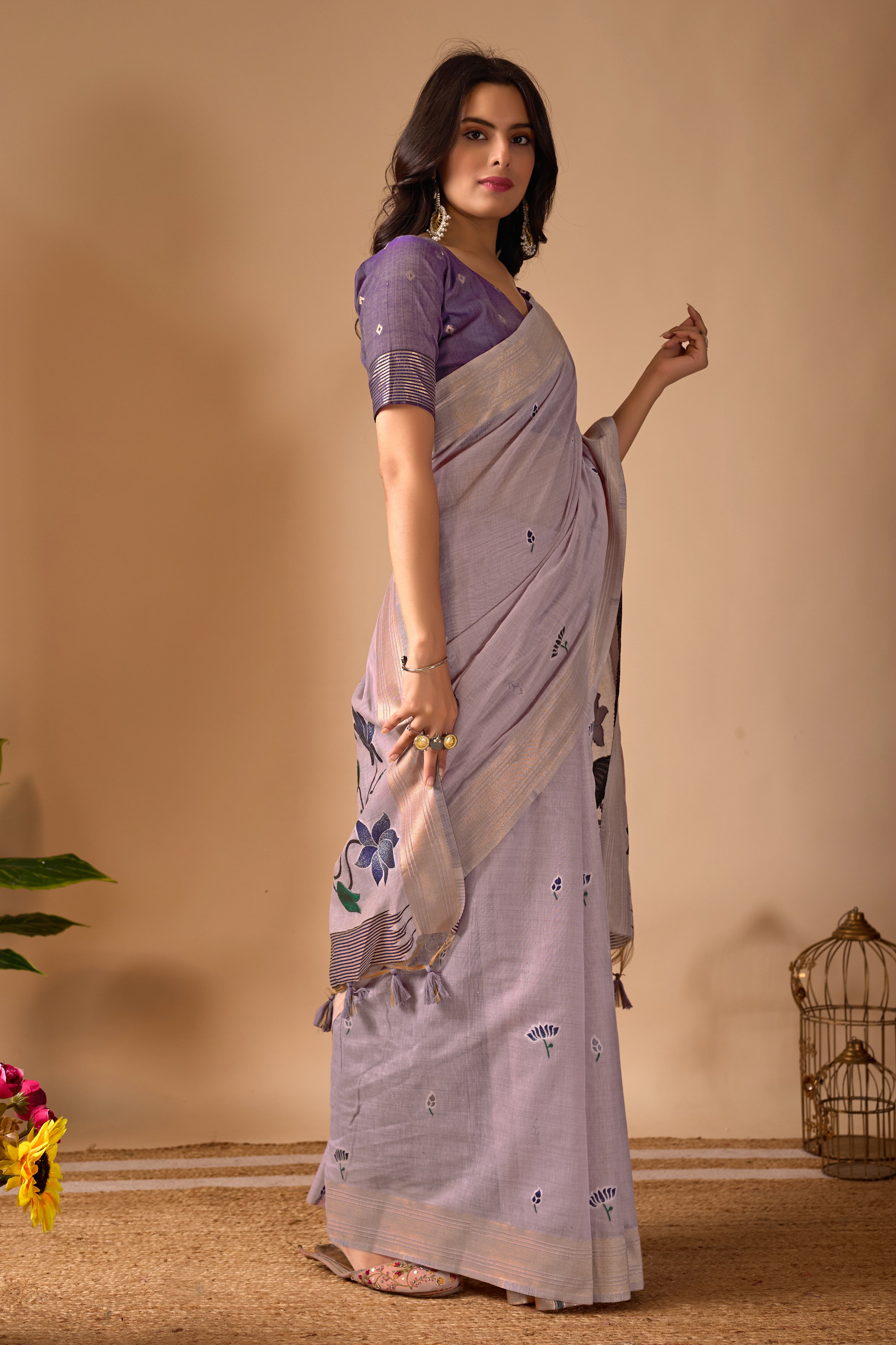Lavender Paithani Saree with Cow & Floral Pallu Design