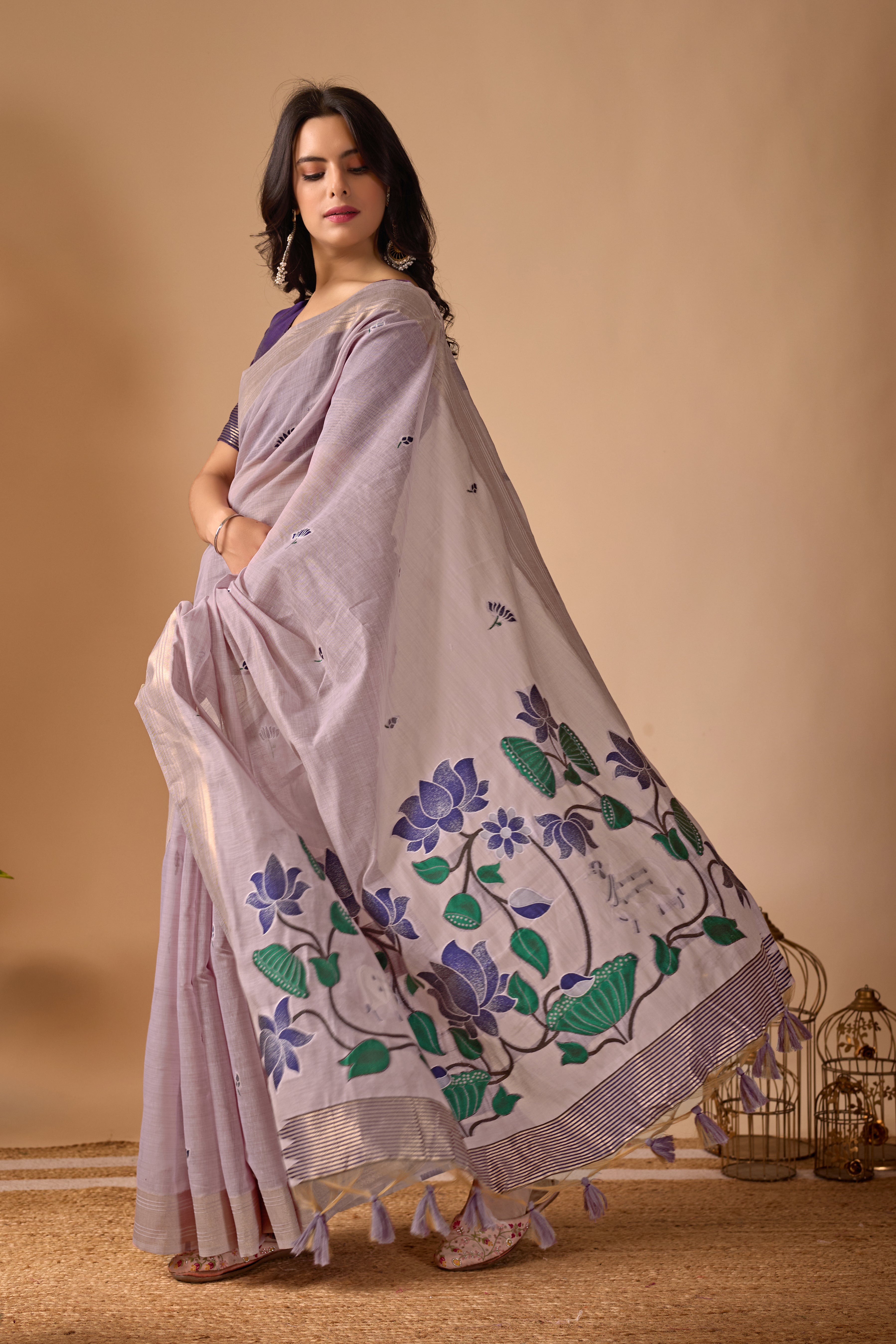 Lavender Paithani Saree with Cow & Floral Pallu Design