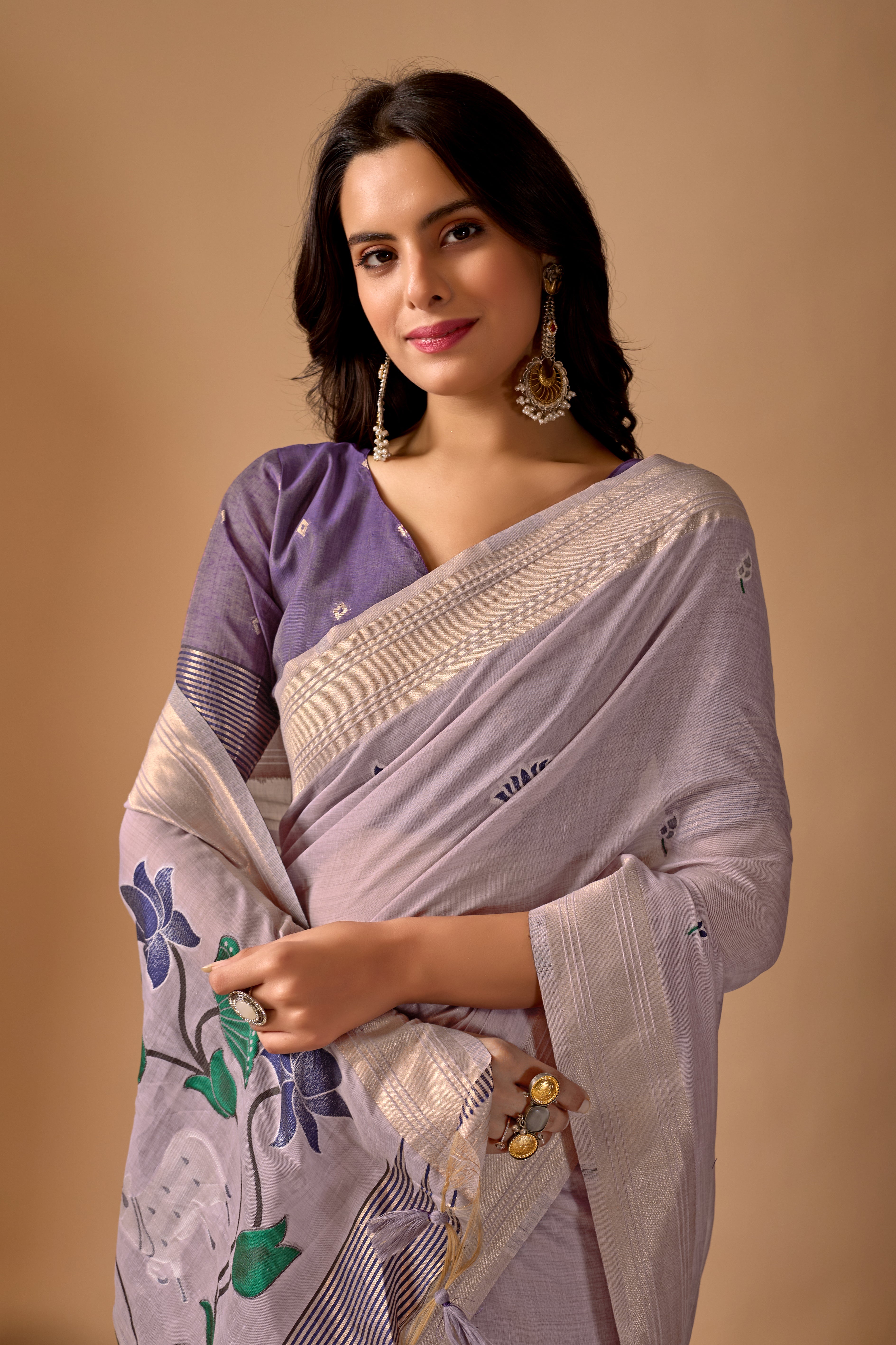 Lavender Paithani Saree with Cow & Floral Pallu Design