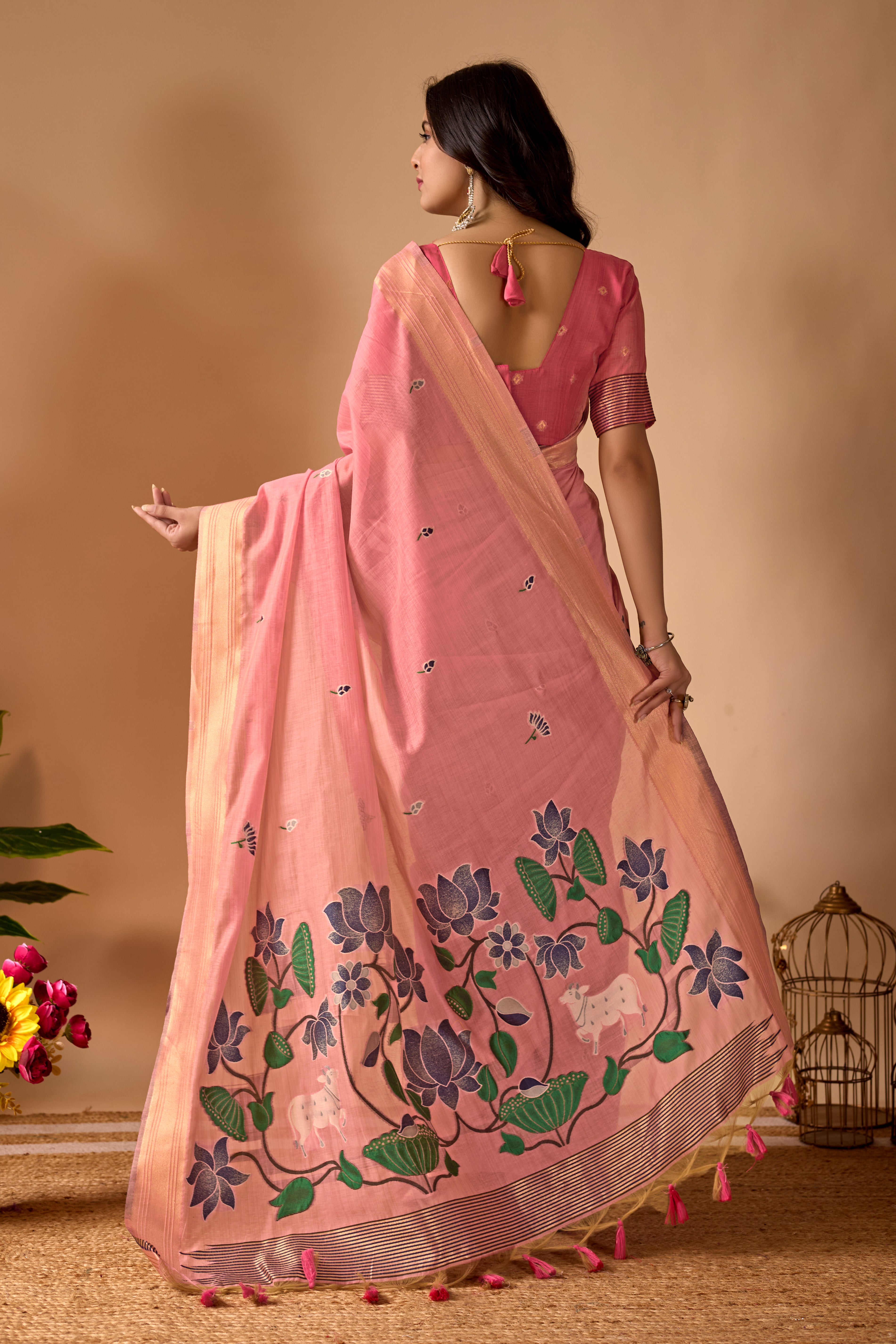 Pink Paithani Saree with Cow & Floral Pallu Design